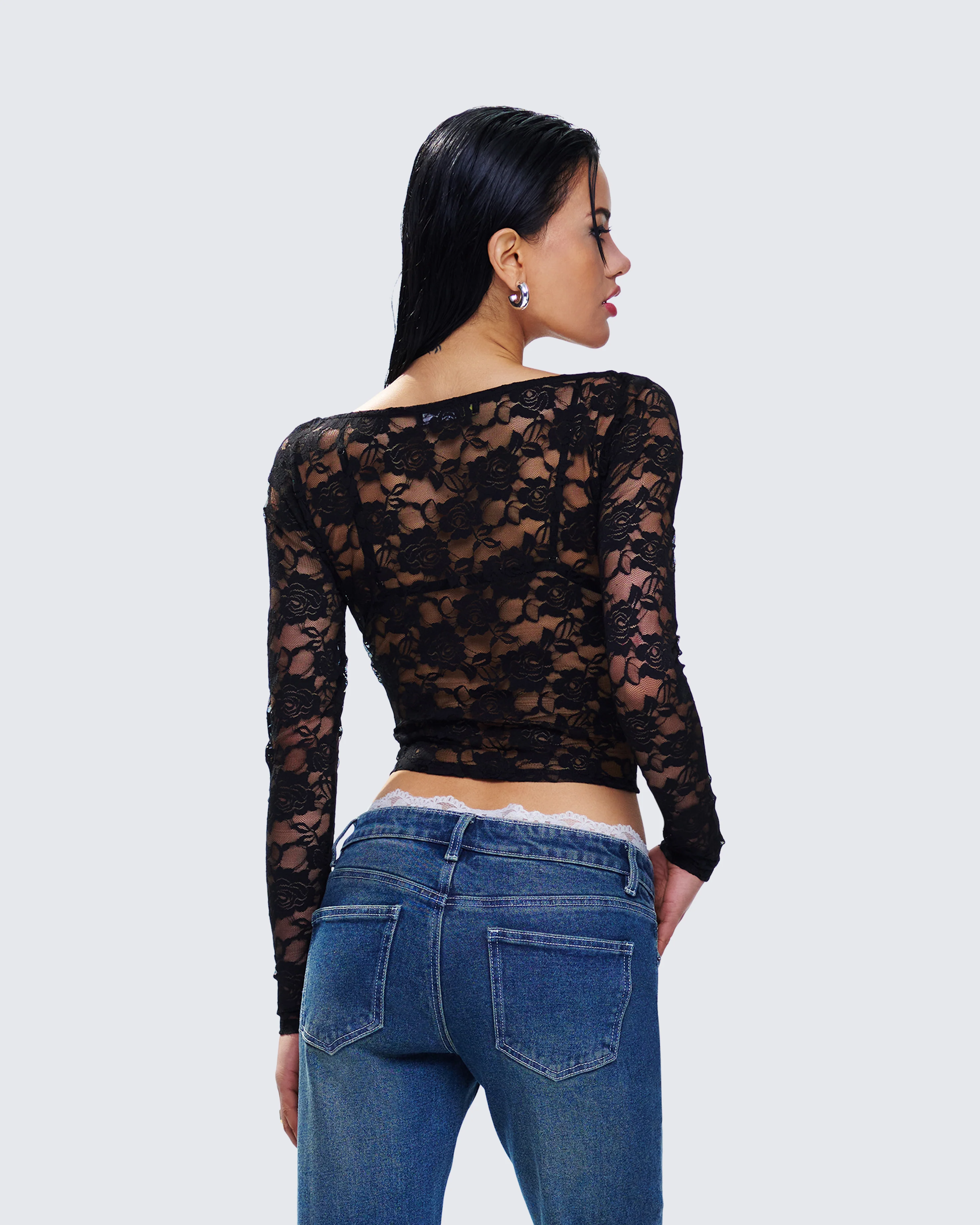 Esmarie Black Lace Sheer Long Sleeve Top - Image 7