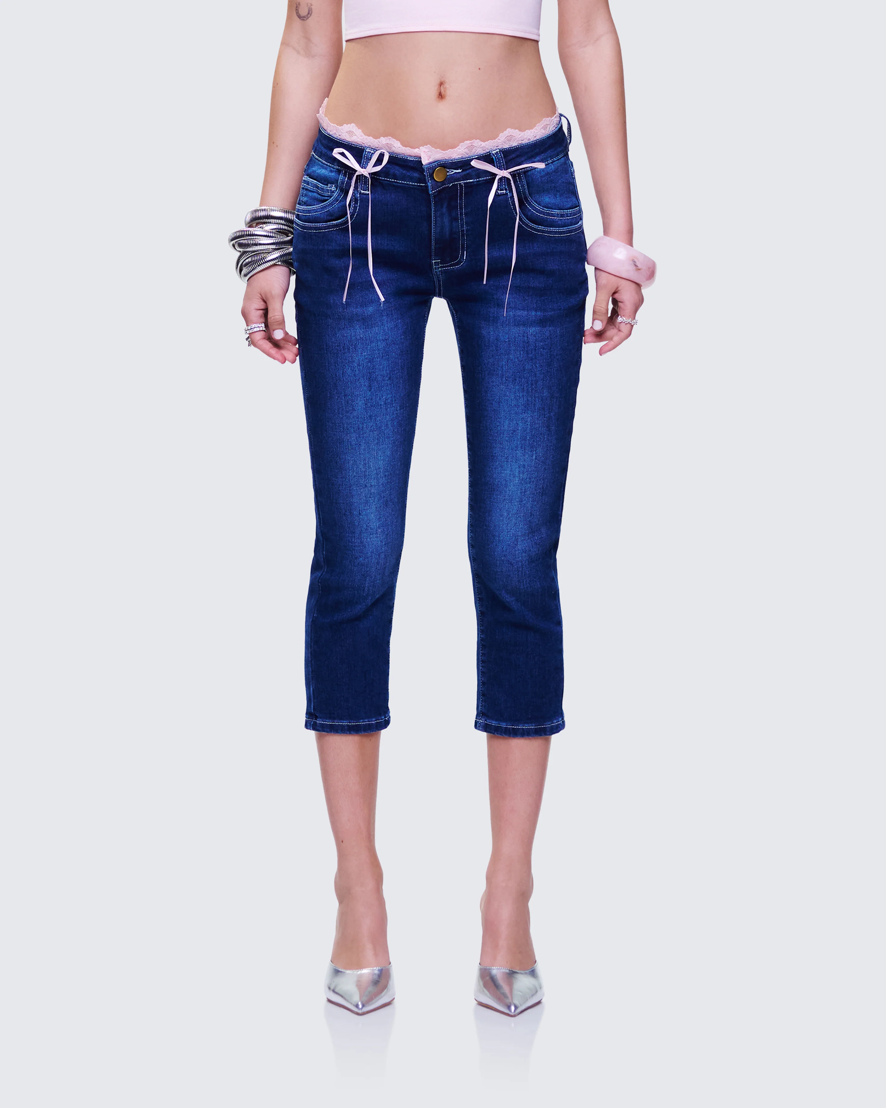 Estefania Blue Denim Lace and Bow Capri Pant - Image 2