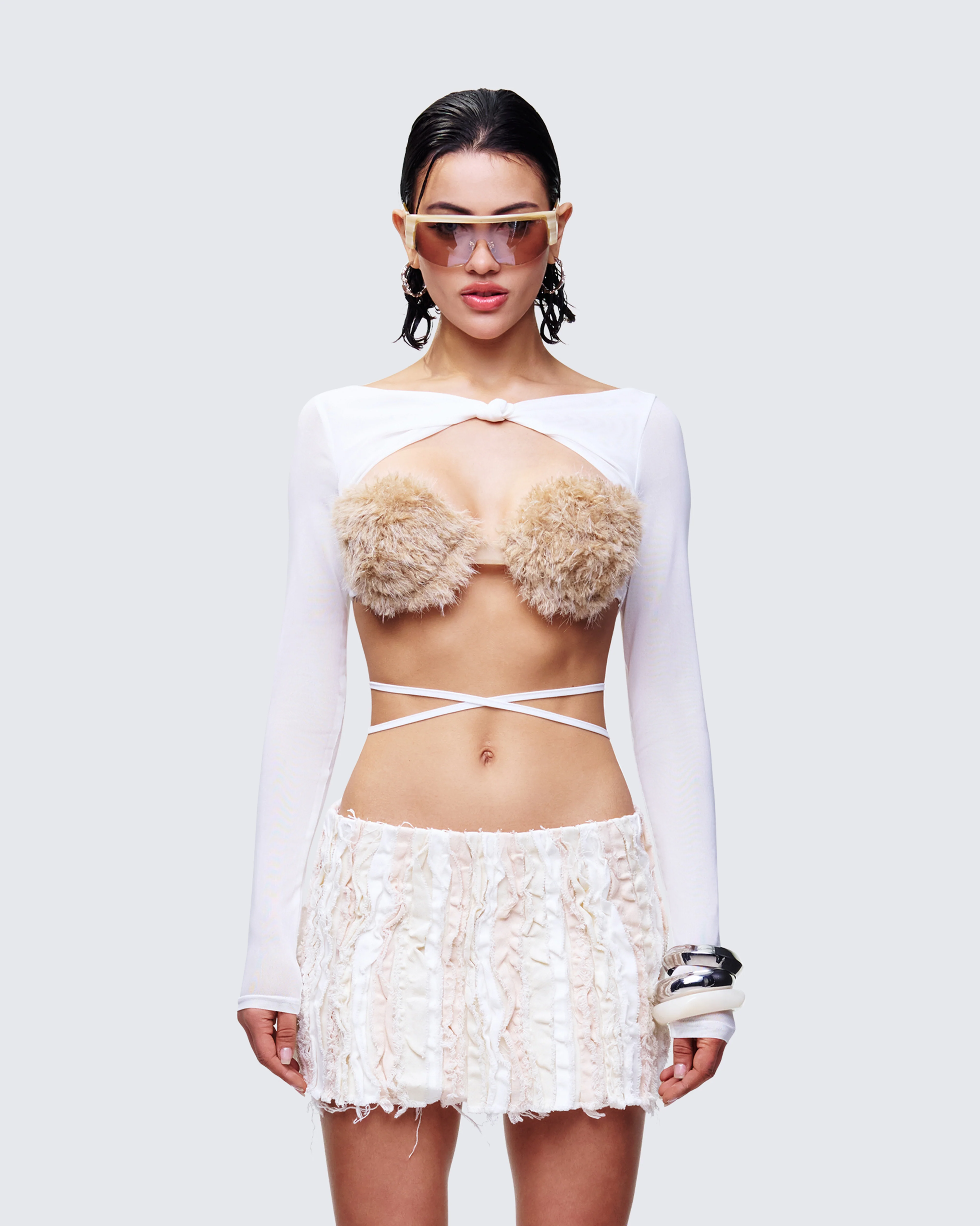 Eyra White Mesh Faux Fur Bust Wrap Top - Image 2