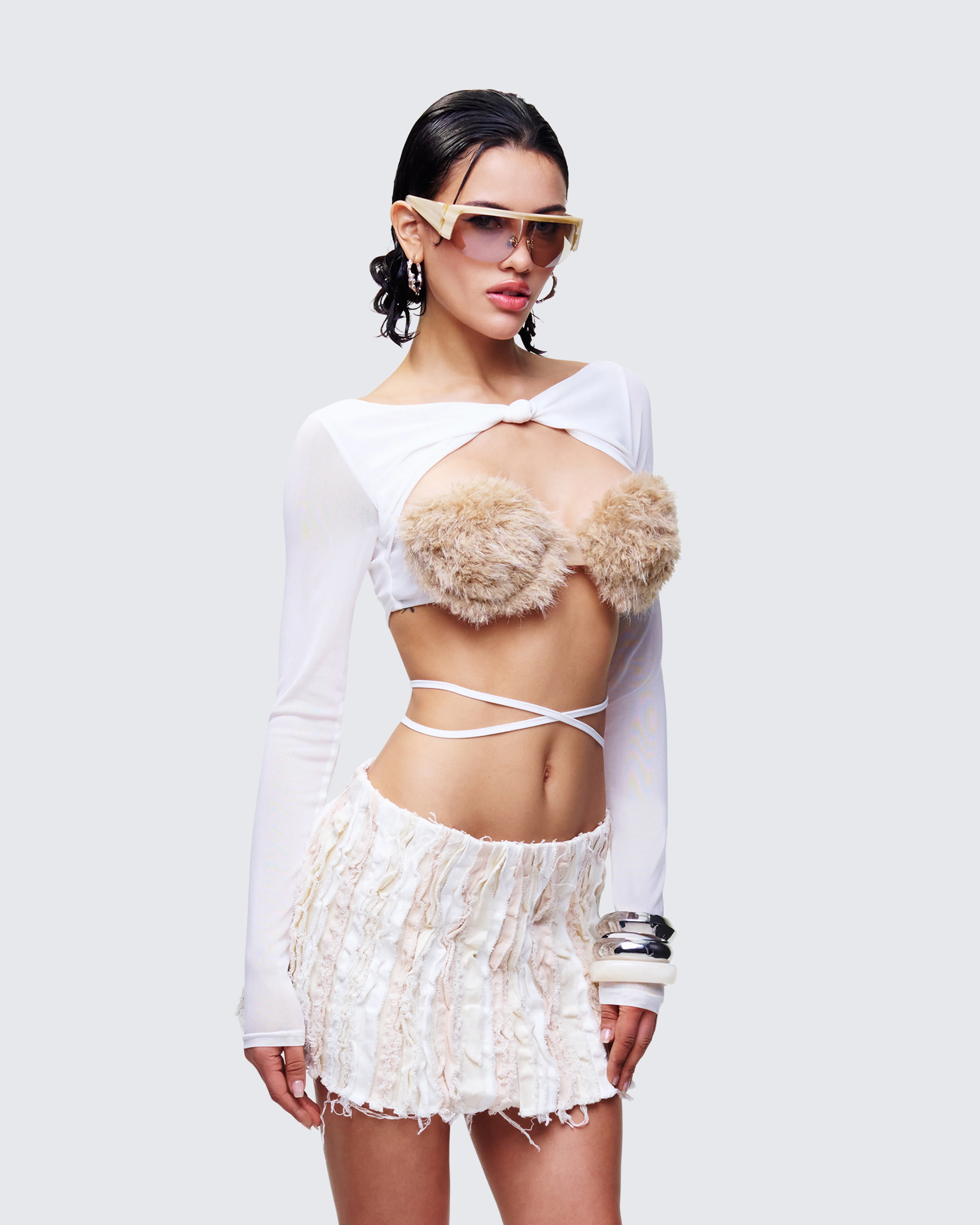 Eyra White Mesh Faux Fur Bust Wrap Top - Image 3