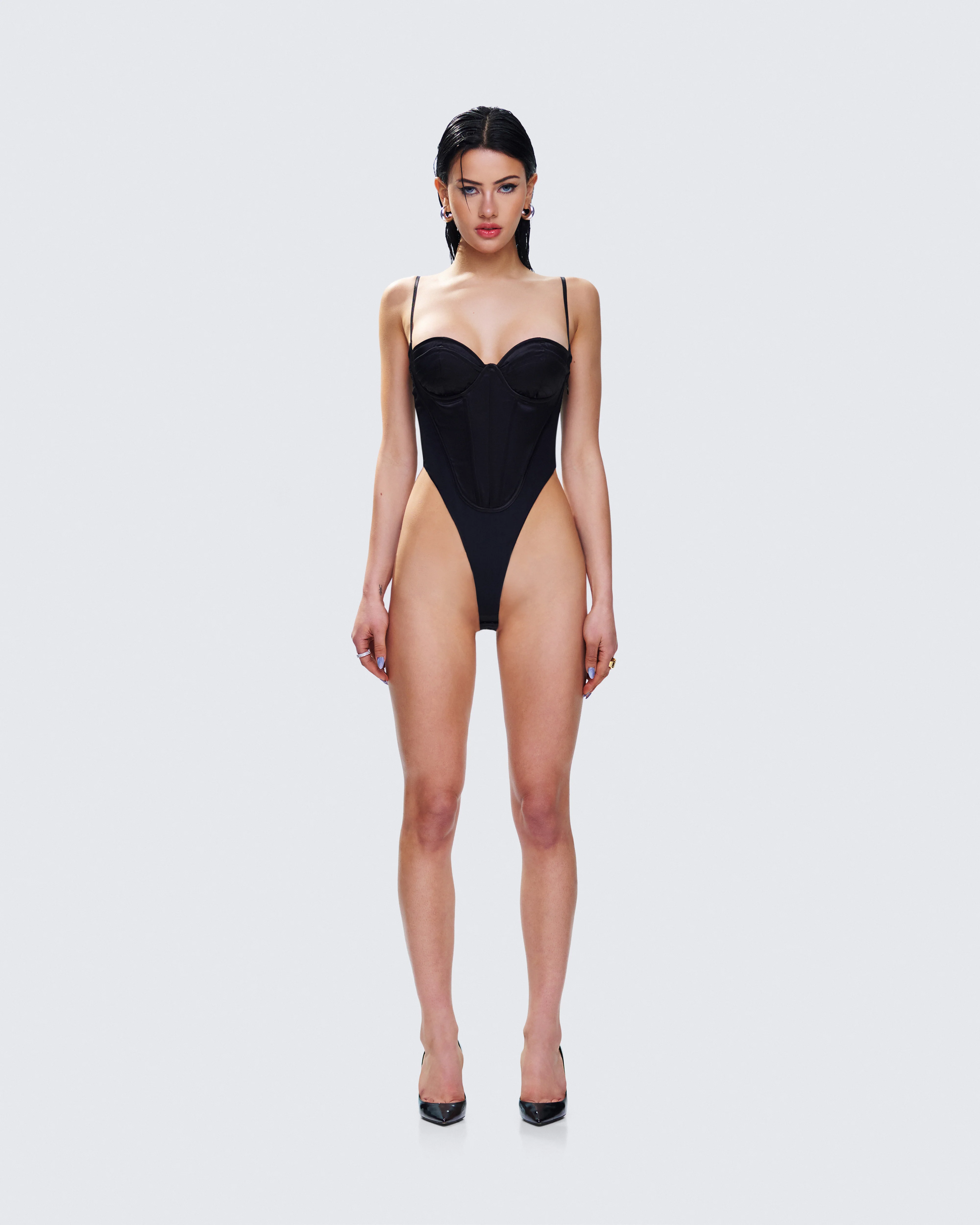 Fara Black Satin Corseted Bodysuit - Image 4