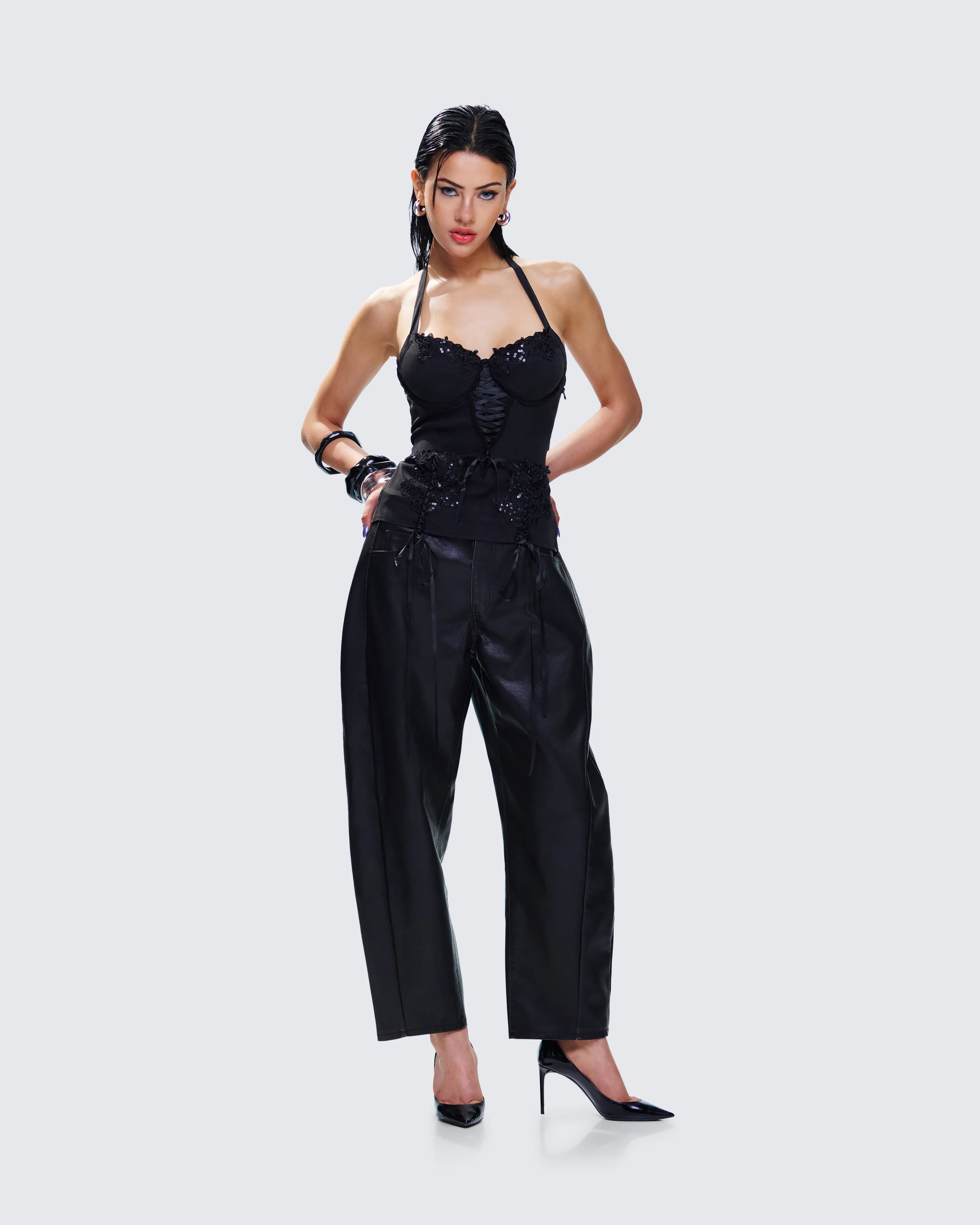 Flavia Black Vegan Leather Barrel Pant - Image 8