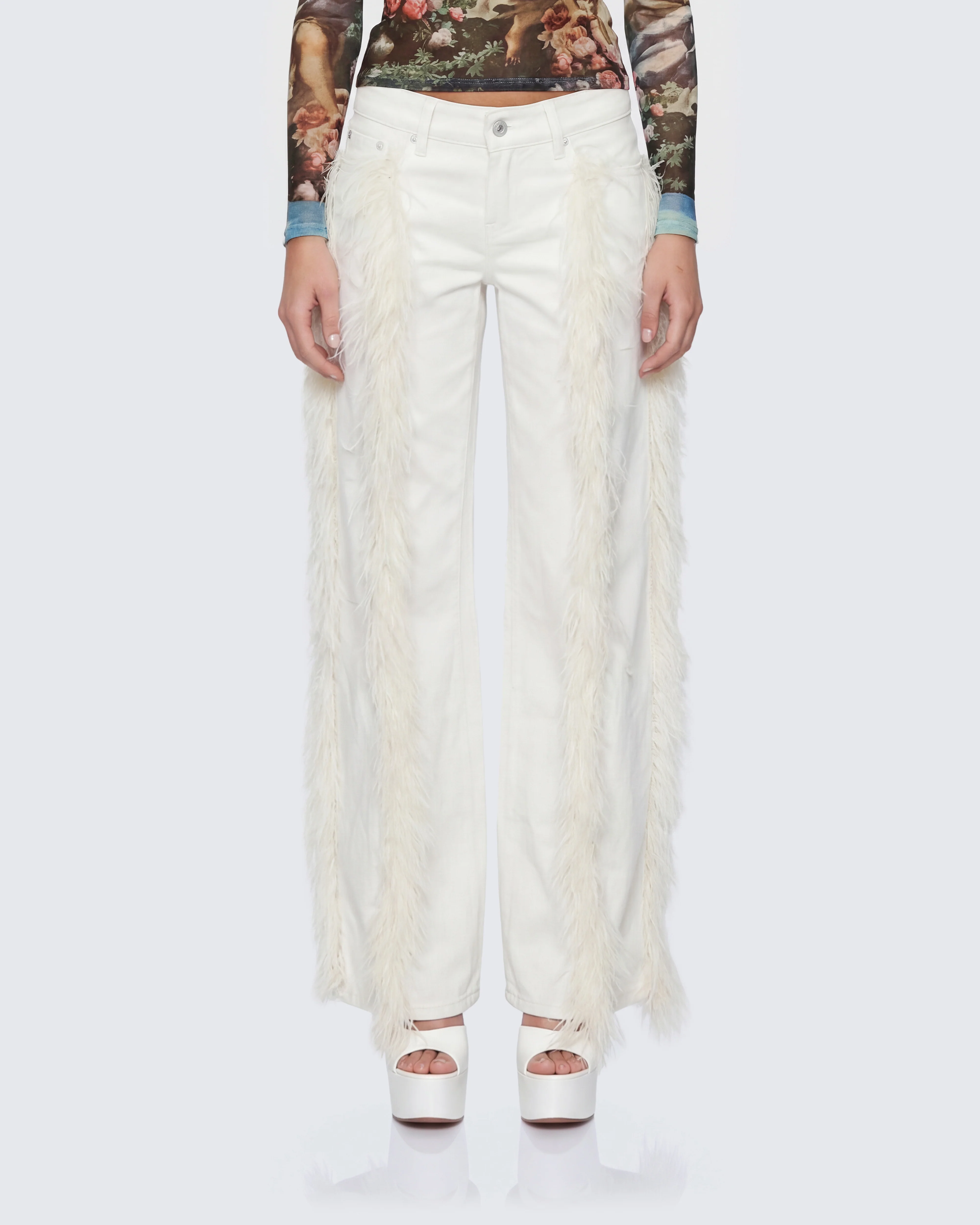 Flint Ivory Straight leg Jeans With Fur Trim - Image 2