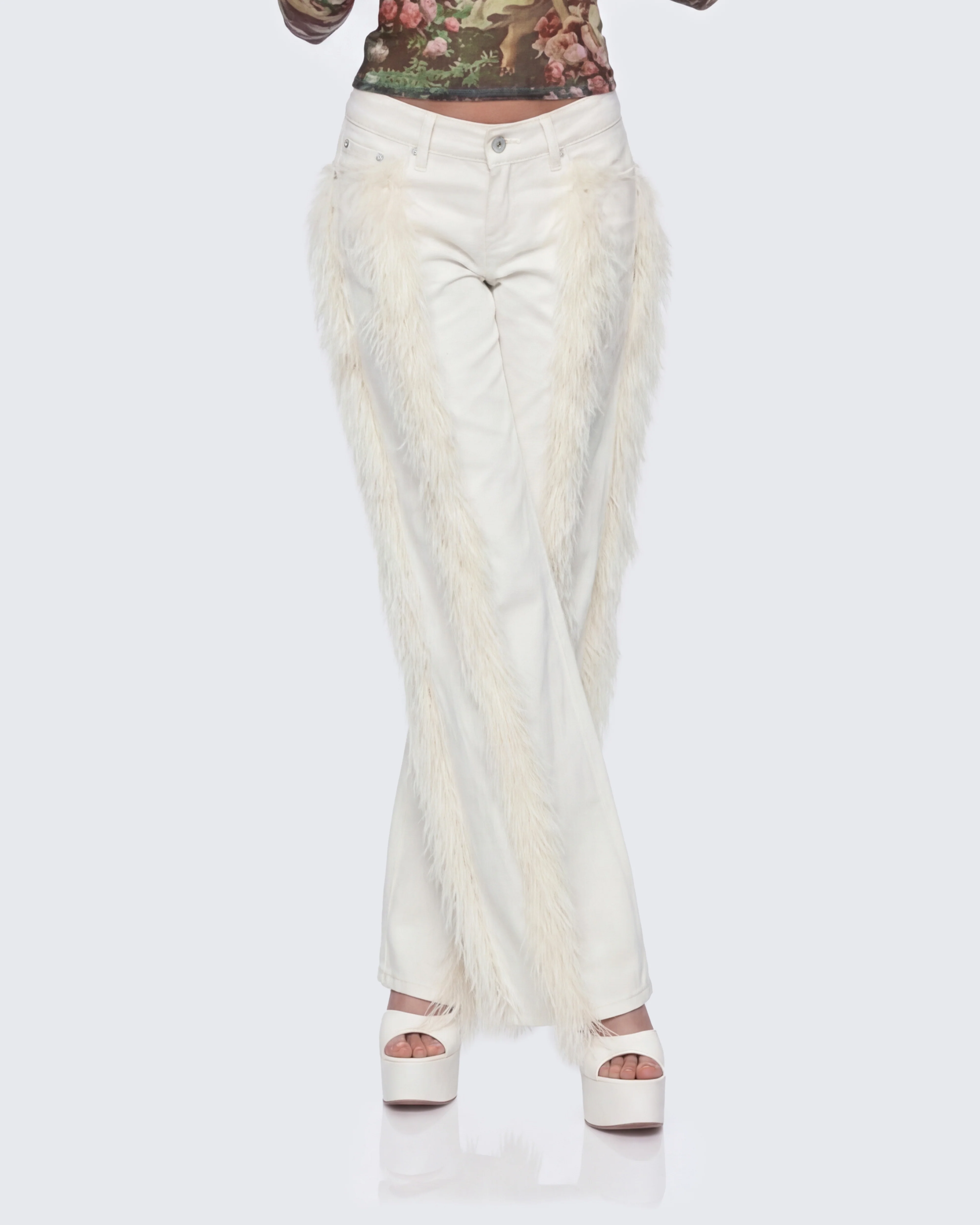 Flint Ivory Straight leg Jeans With Fur Trim - Image 3