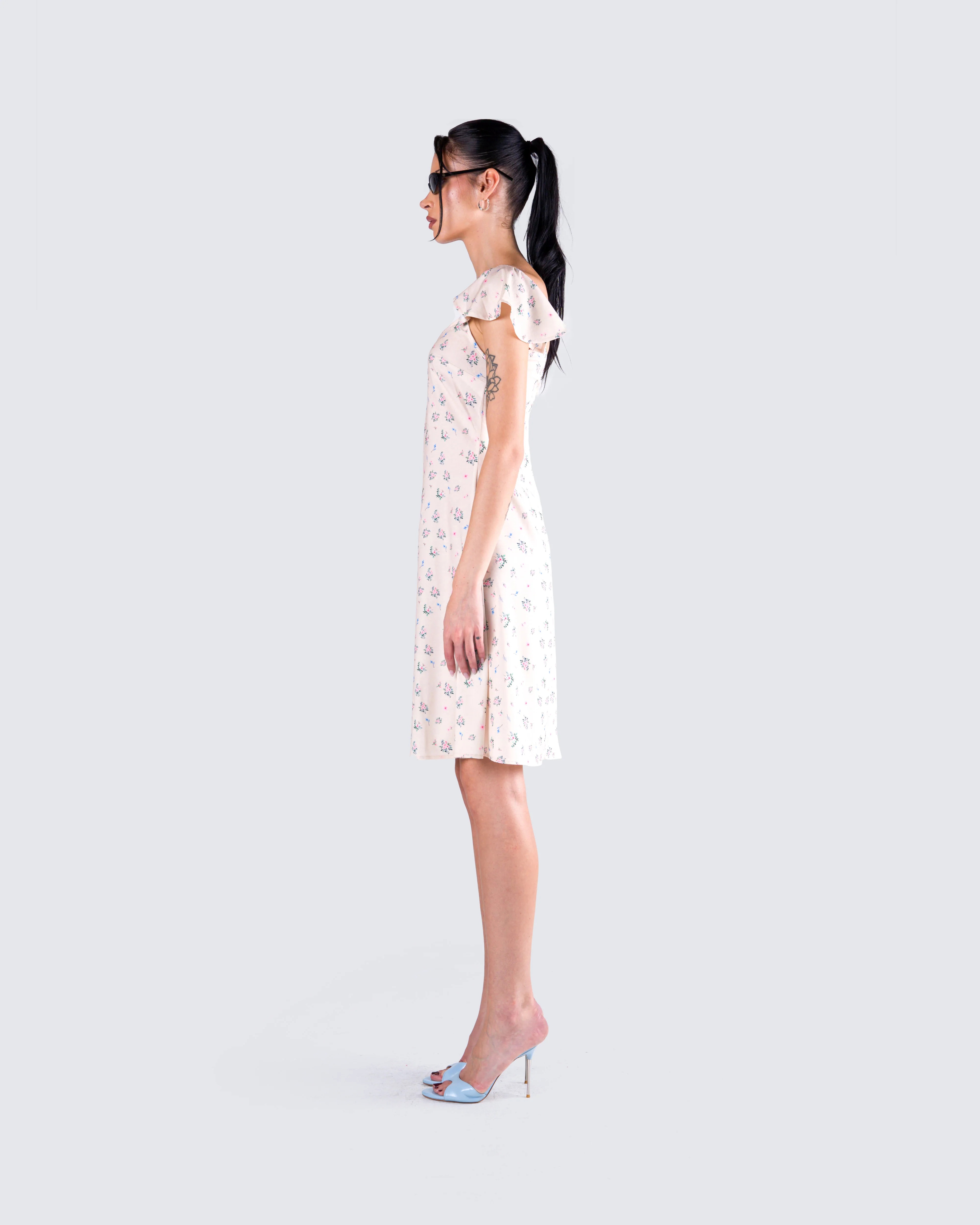 Francisca Beige Flower Print Dress - Image 5