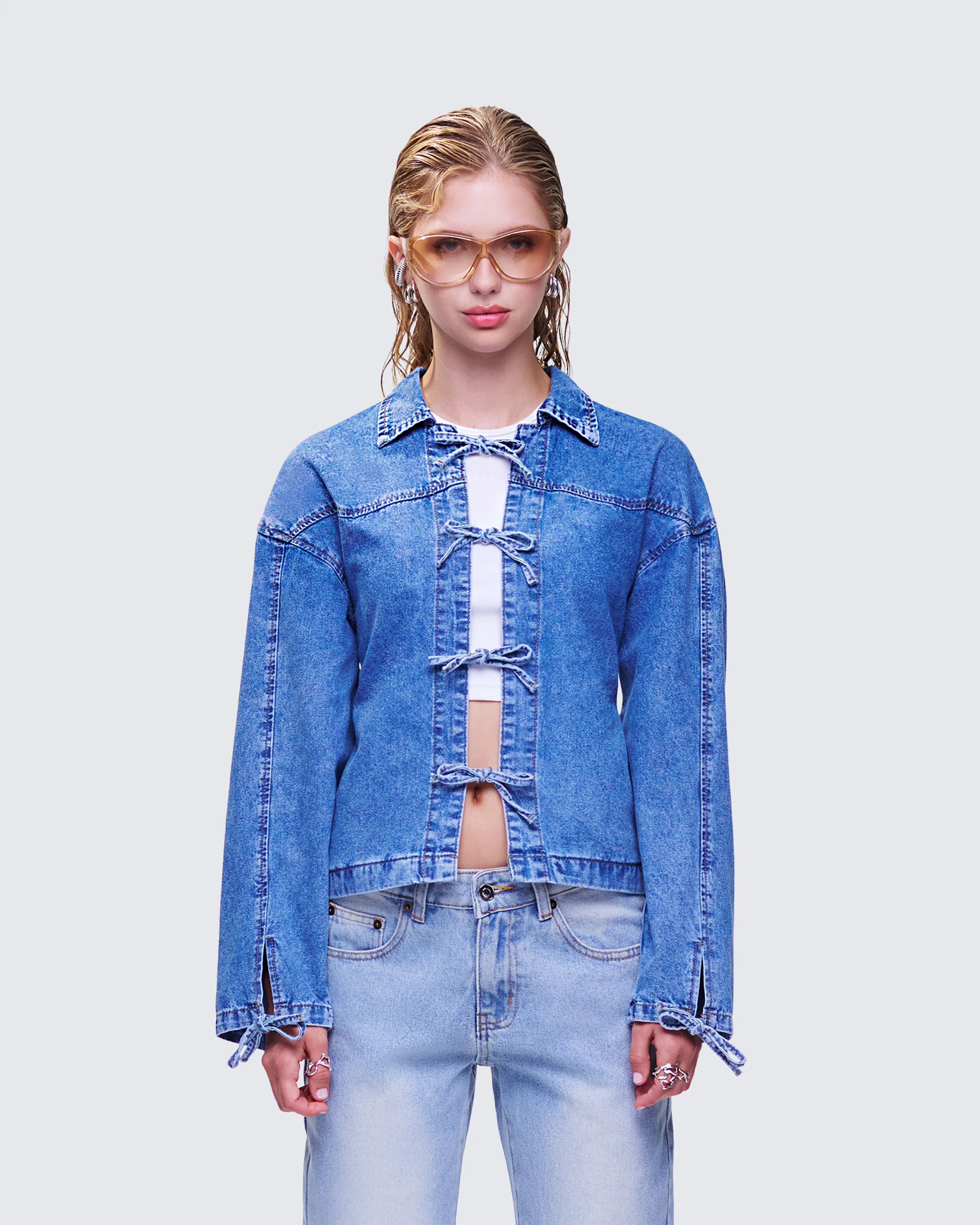 Freesia Blue Bow Tied Denim Shirt Jacket - Image 2