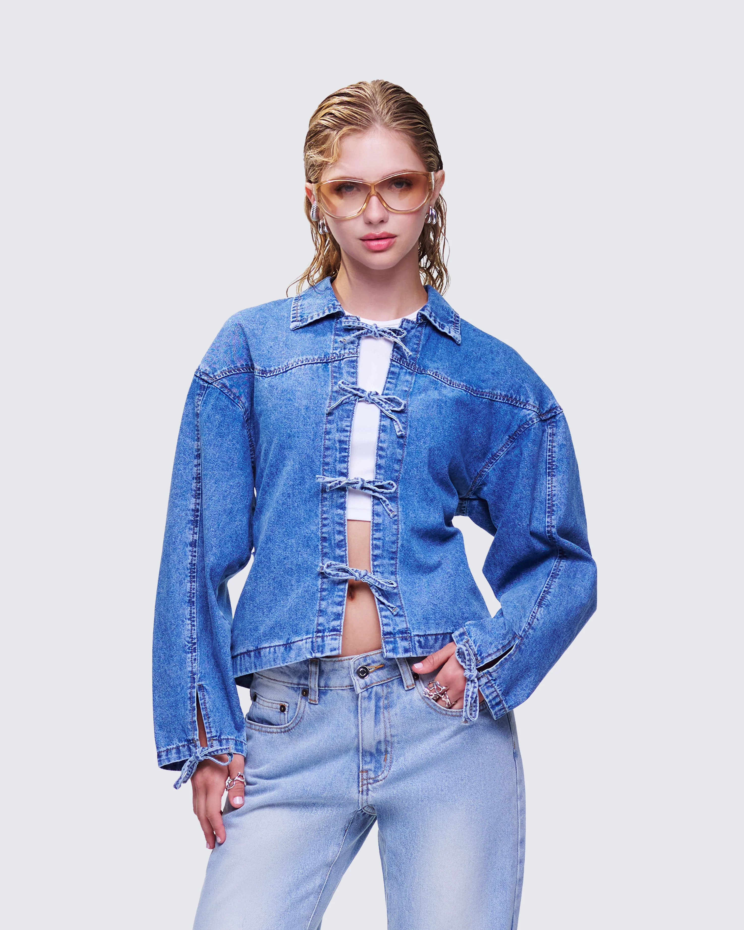 Freesia Blue Bow Tied Denim Shirt Jacket - Image 3