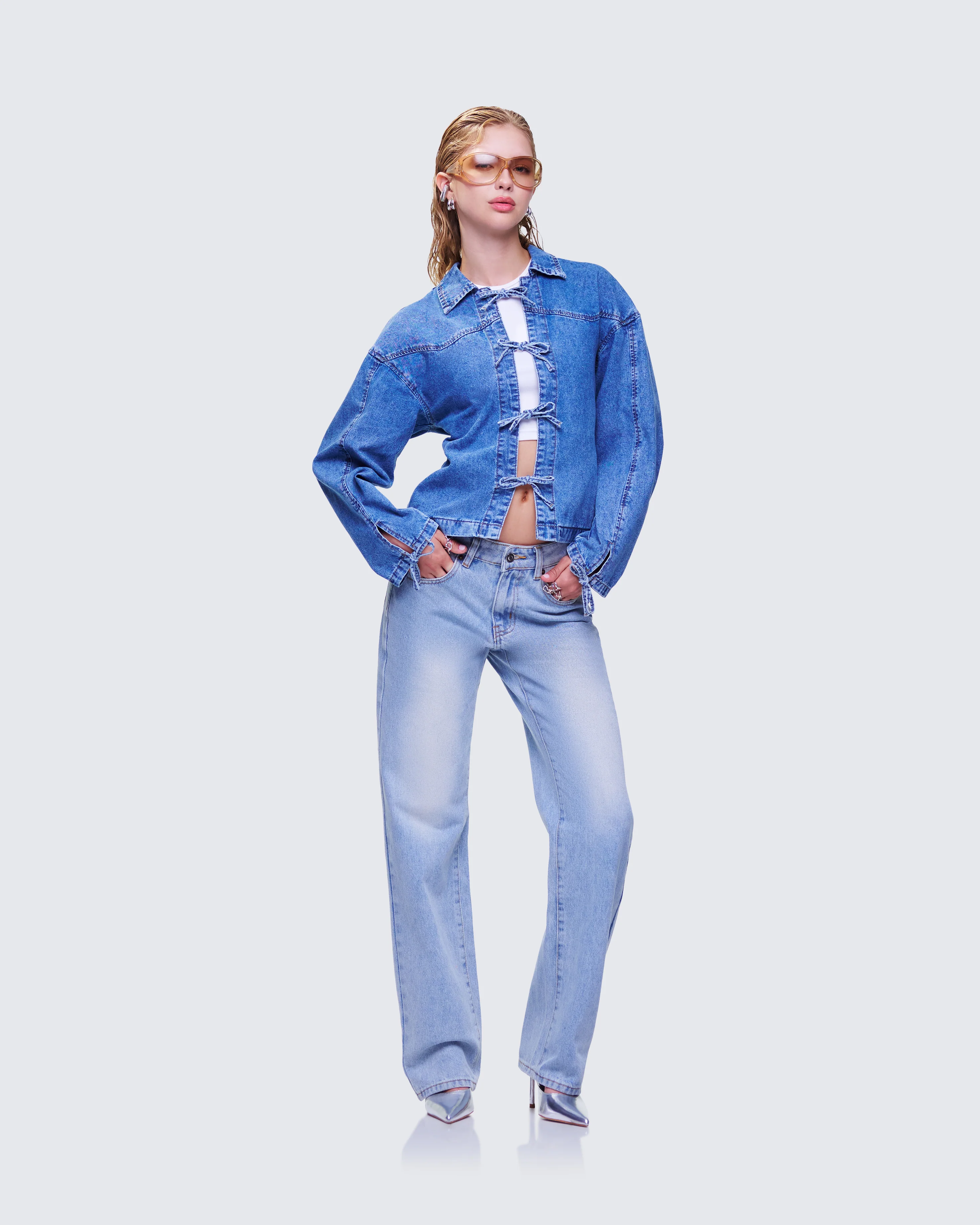 Freesia Blue Bow Tied Denim Shirt Jacket - Image 5