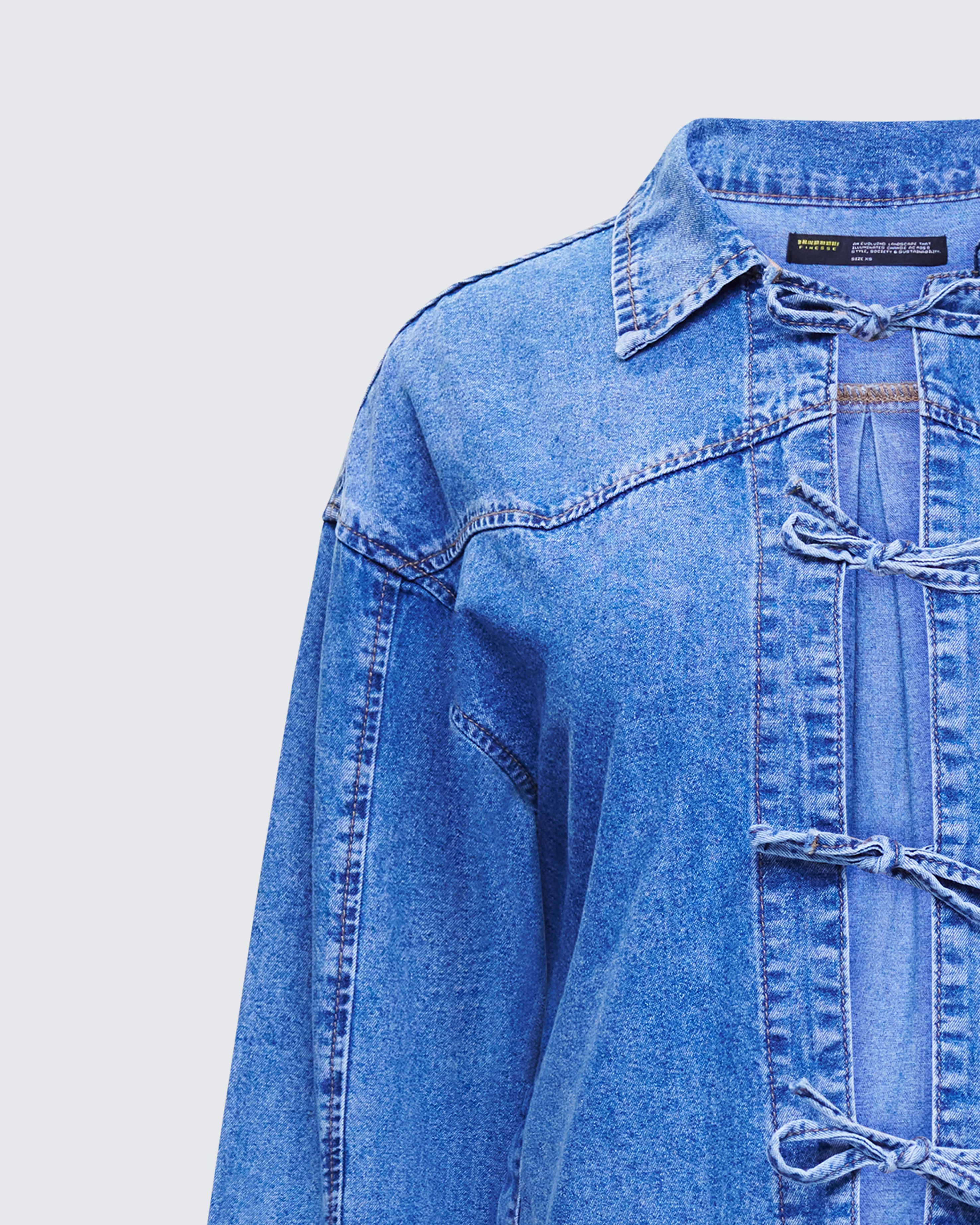 Freesia Blue Bow Tied Denim Shirt Jacket - Image 6