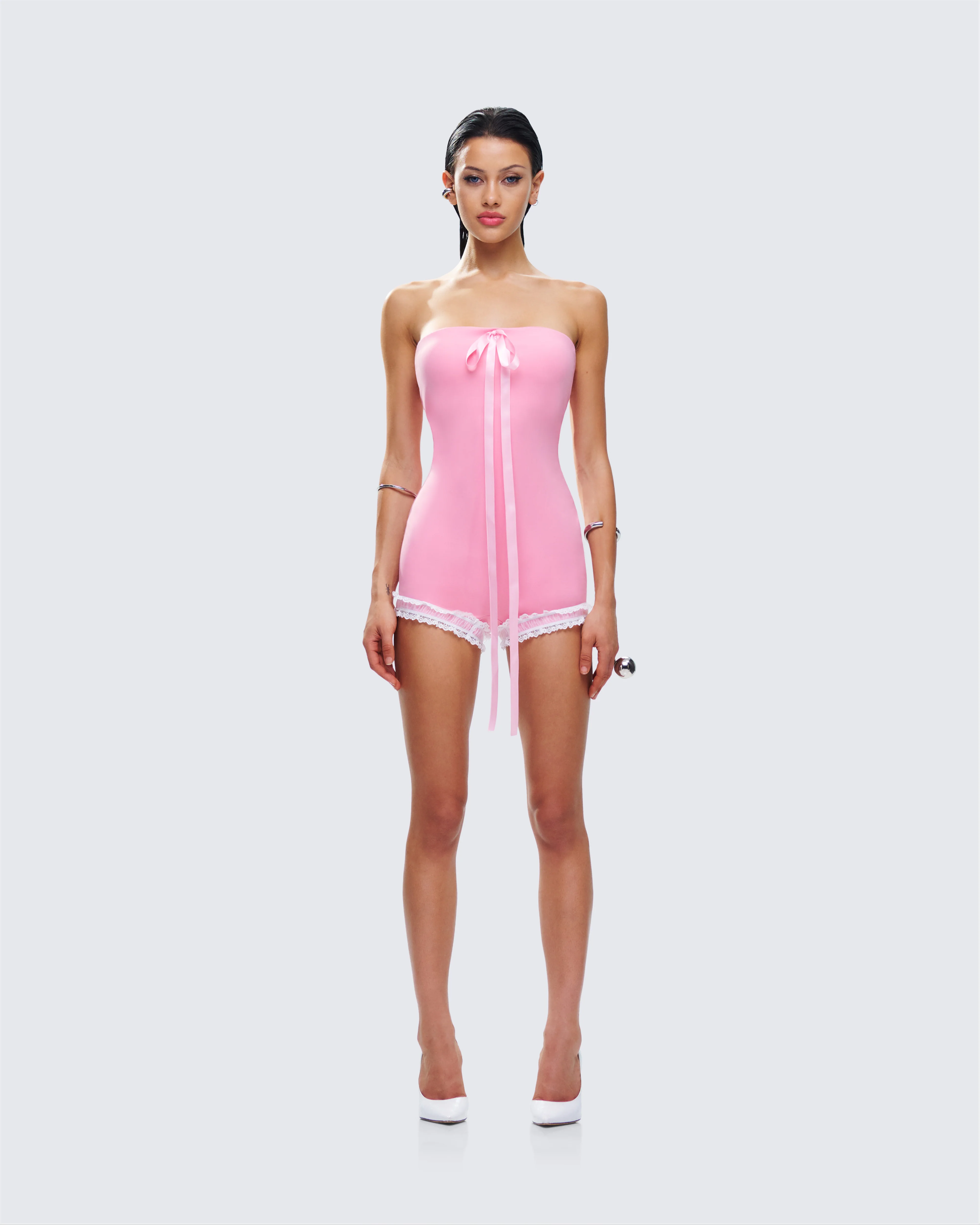 Gita Pink Bow Strapless Romper - Image 3
