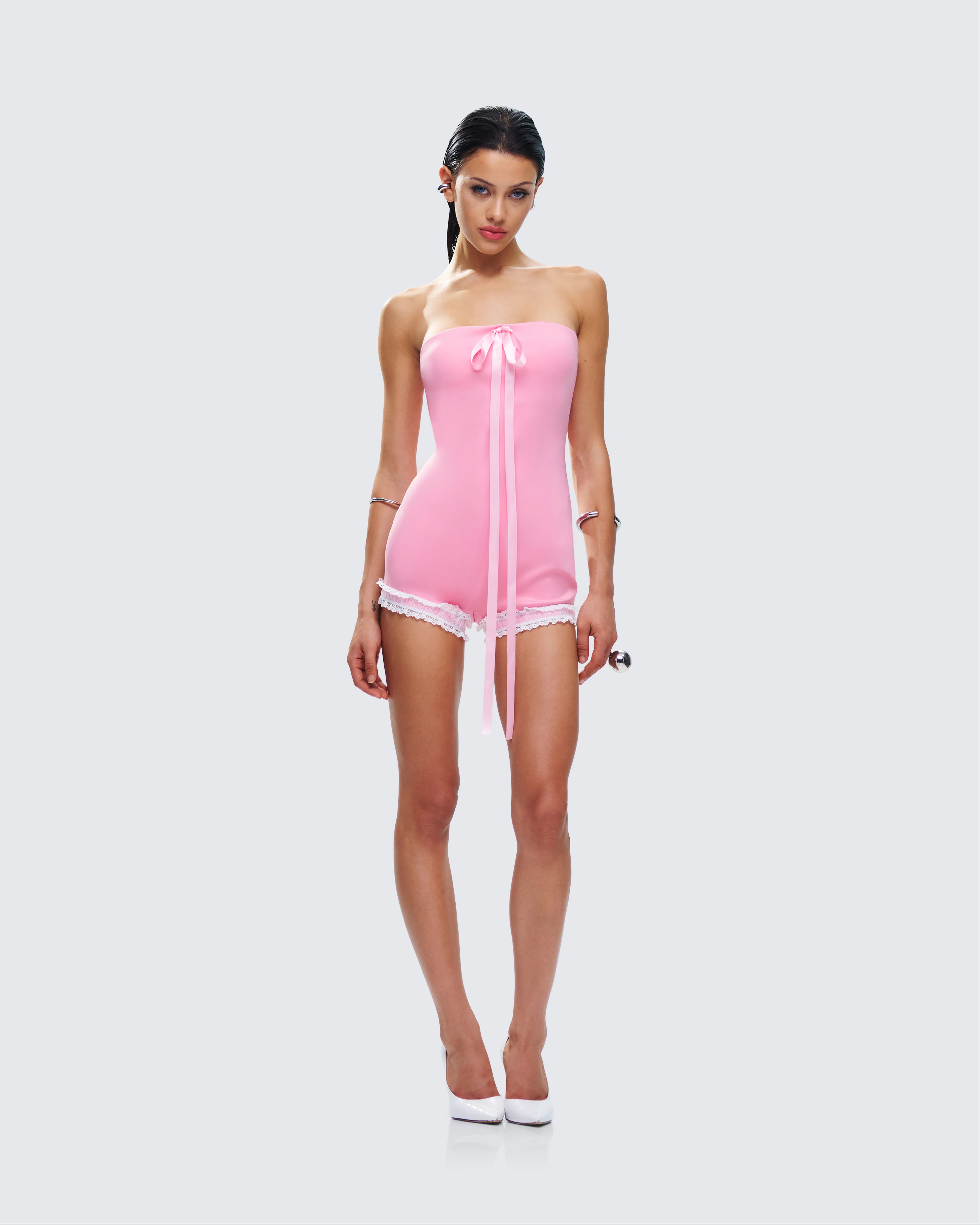 Gita Pink Bow Strapless Romper - Image 4