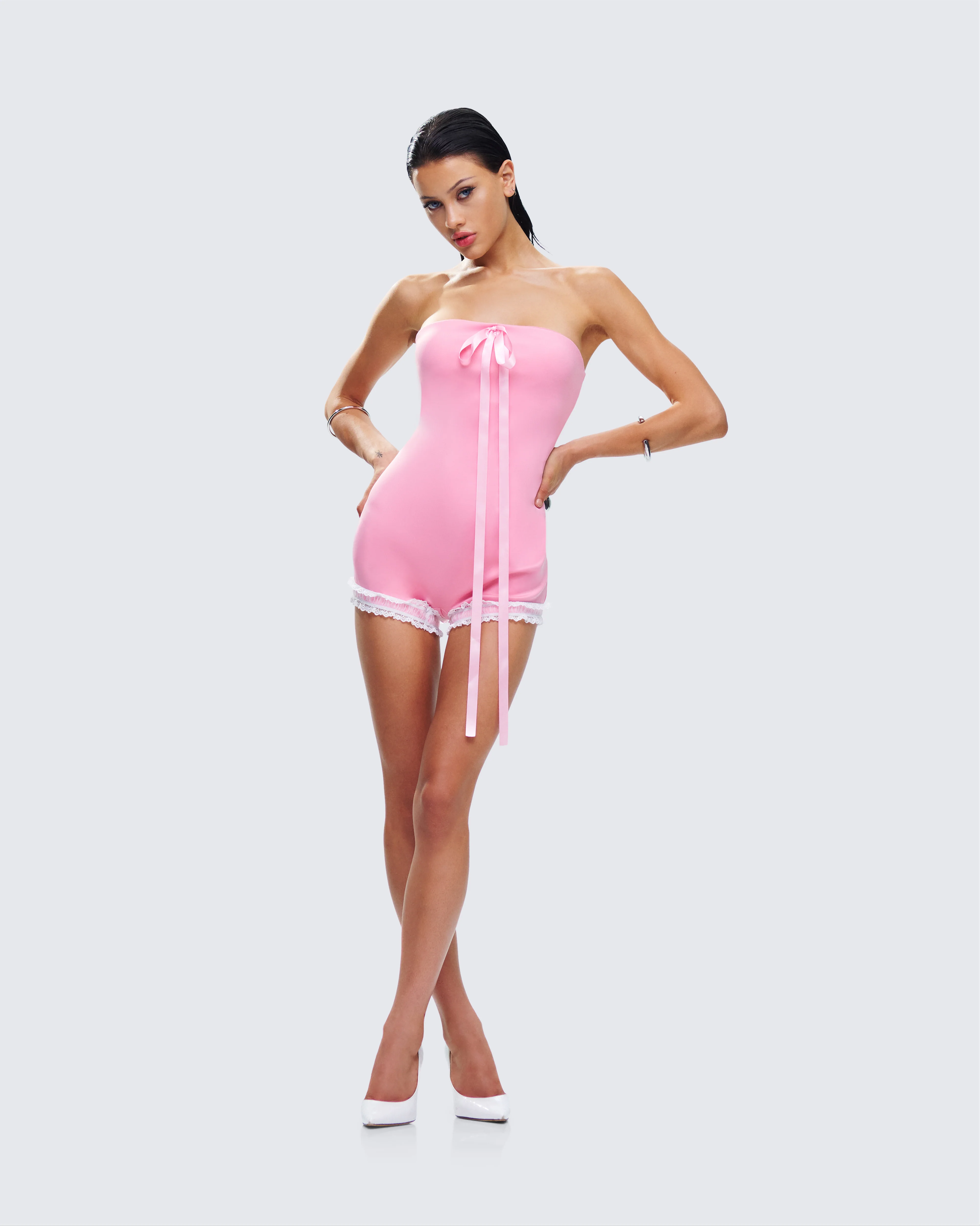 Gita Pink Bow Strapless Romper - Image 5