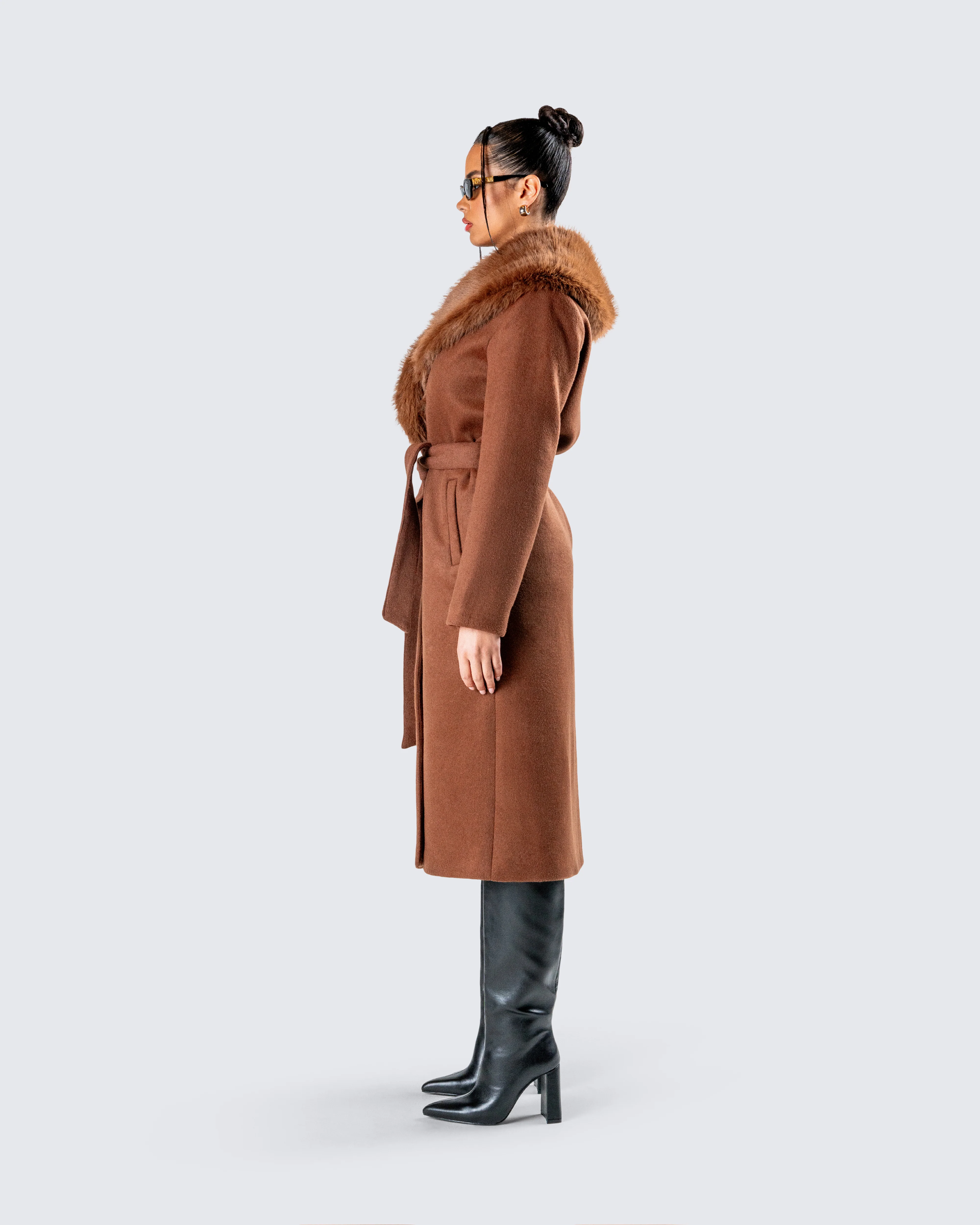 Hala Brown Faux Fur Trim Coat - Image 6