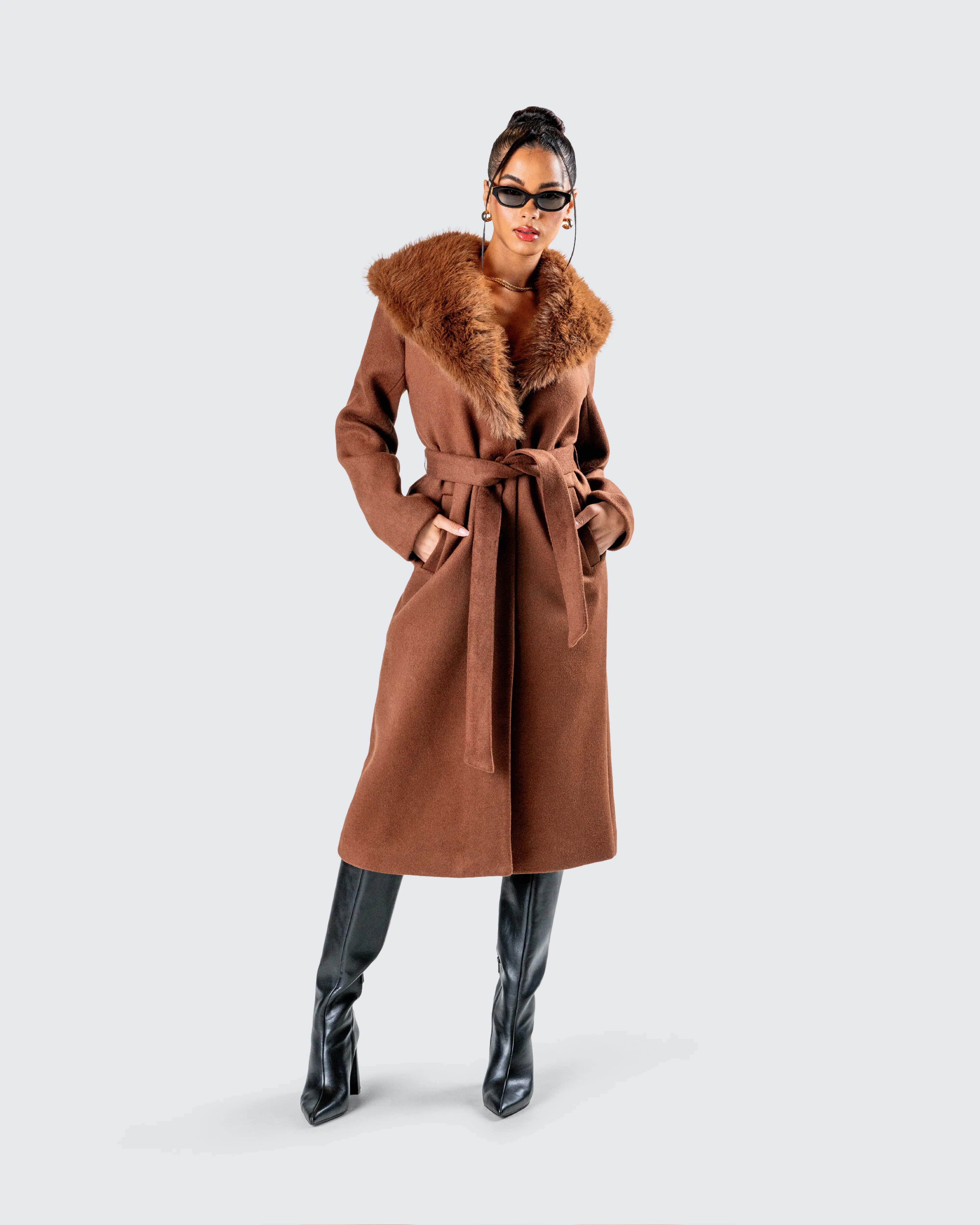 Hala Brown Faux Fur Trim Coat - Image 8