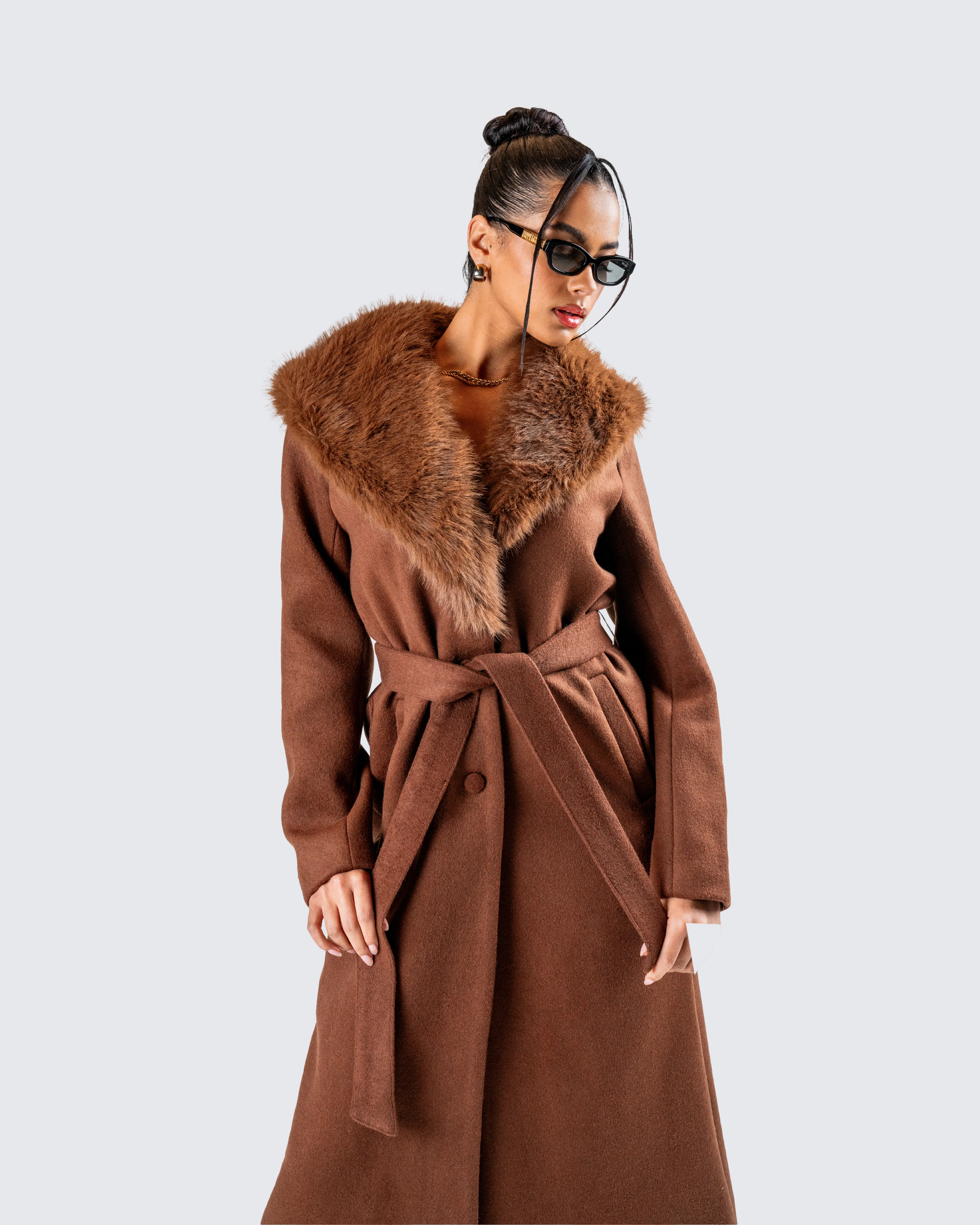 Hala Brown Faux Fur Trim Coat - Image 9