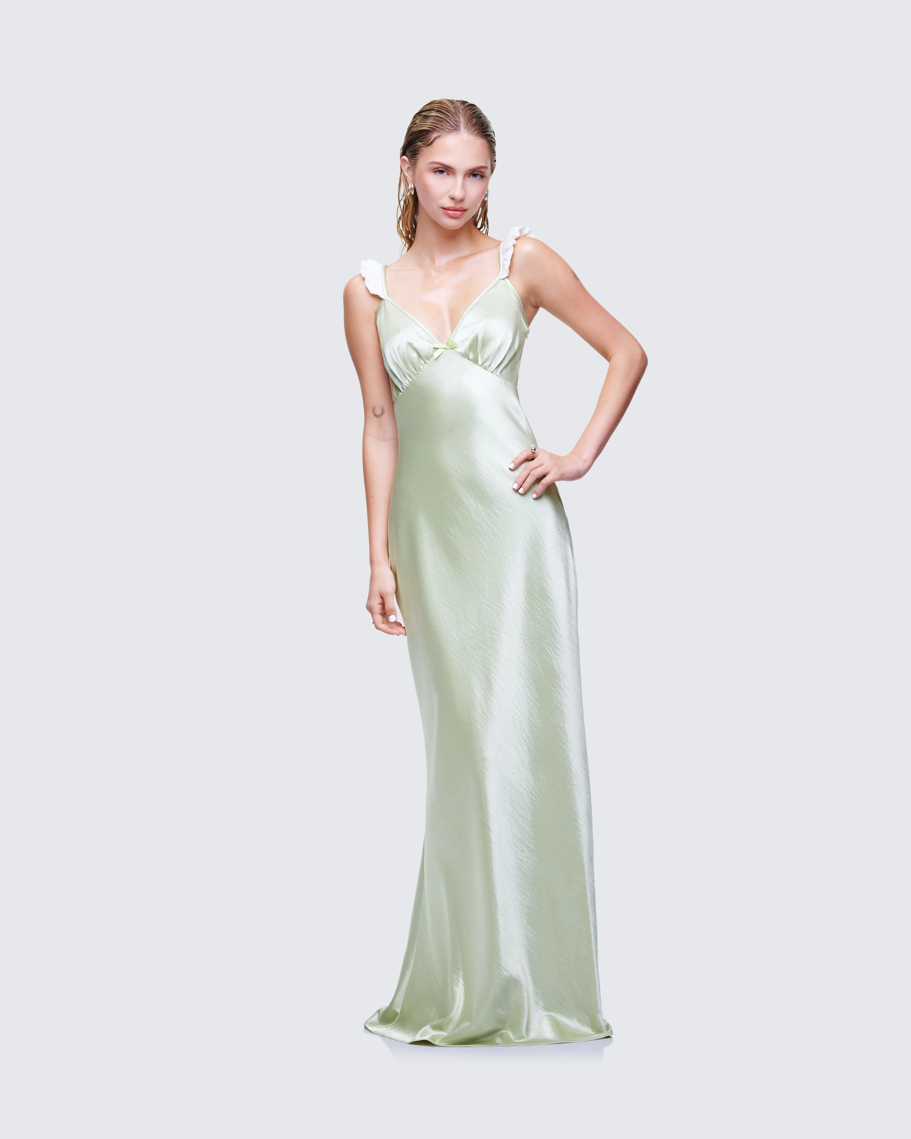Halston Green Satin Maxi Dress - Image 3