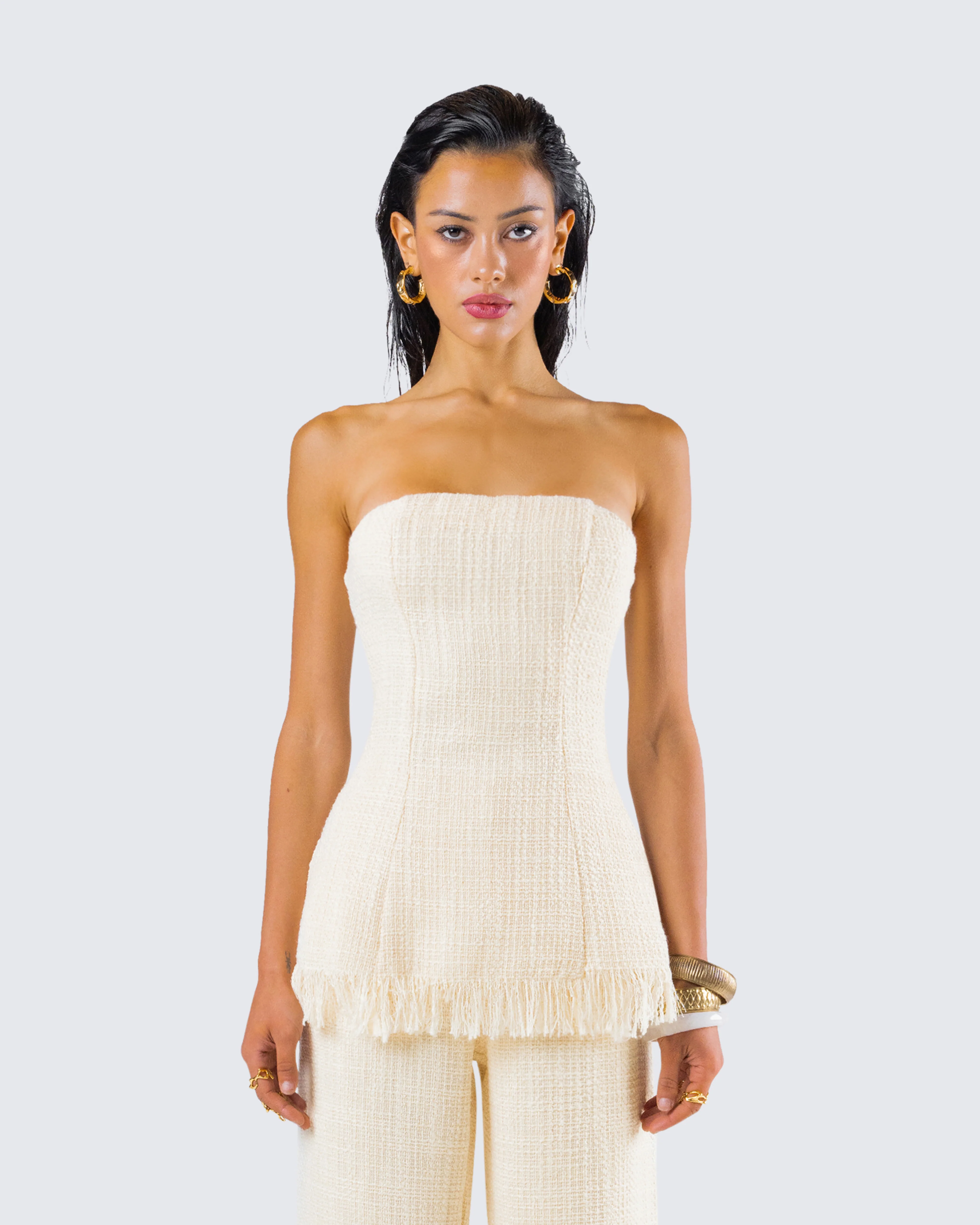 Havanah Ivory Tweed Strapless Top - Image 4