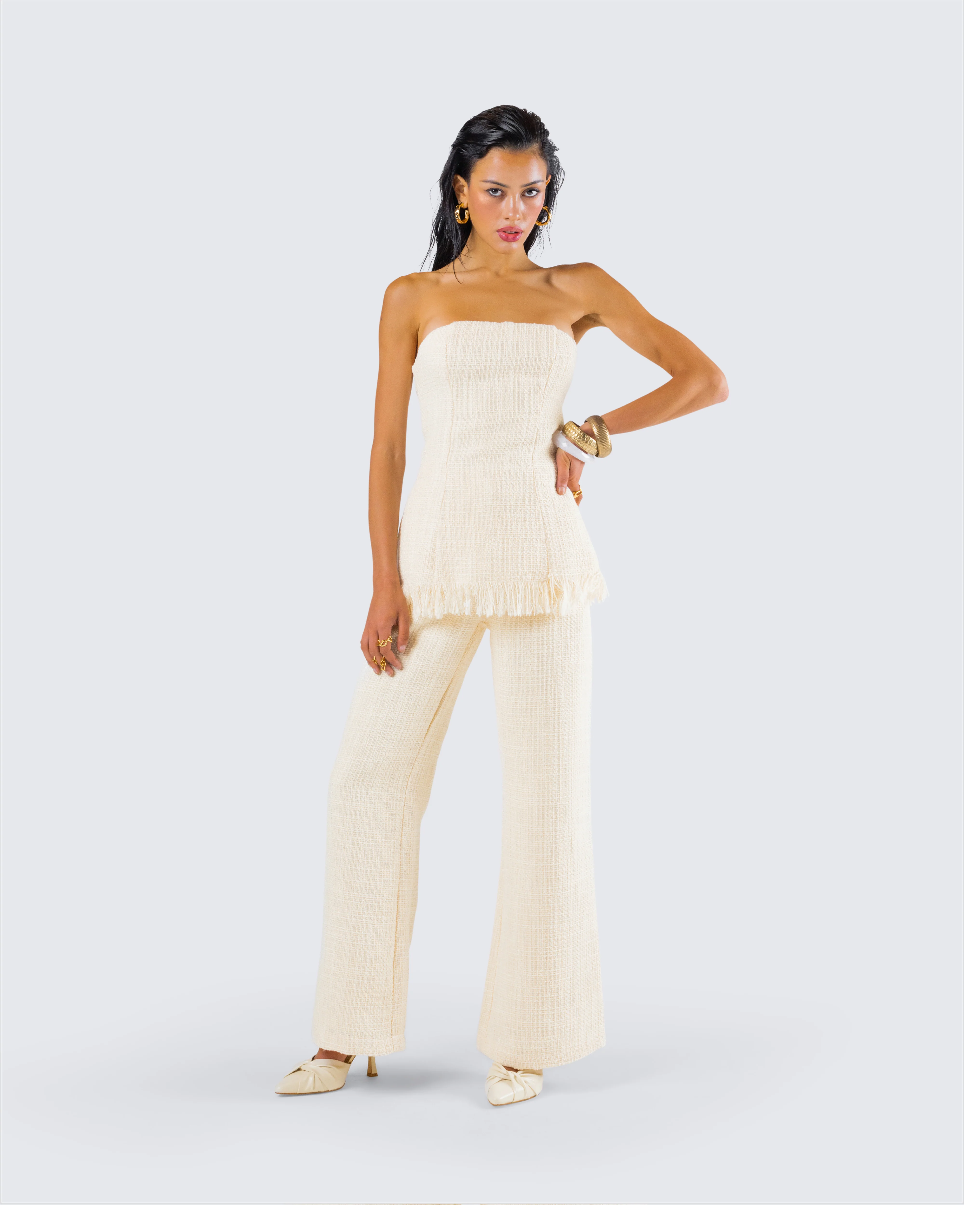 Havanah Ivory Tweed Strapless Top - Image 9