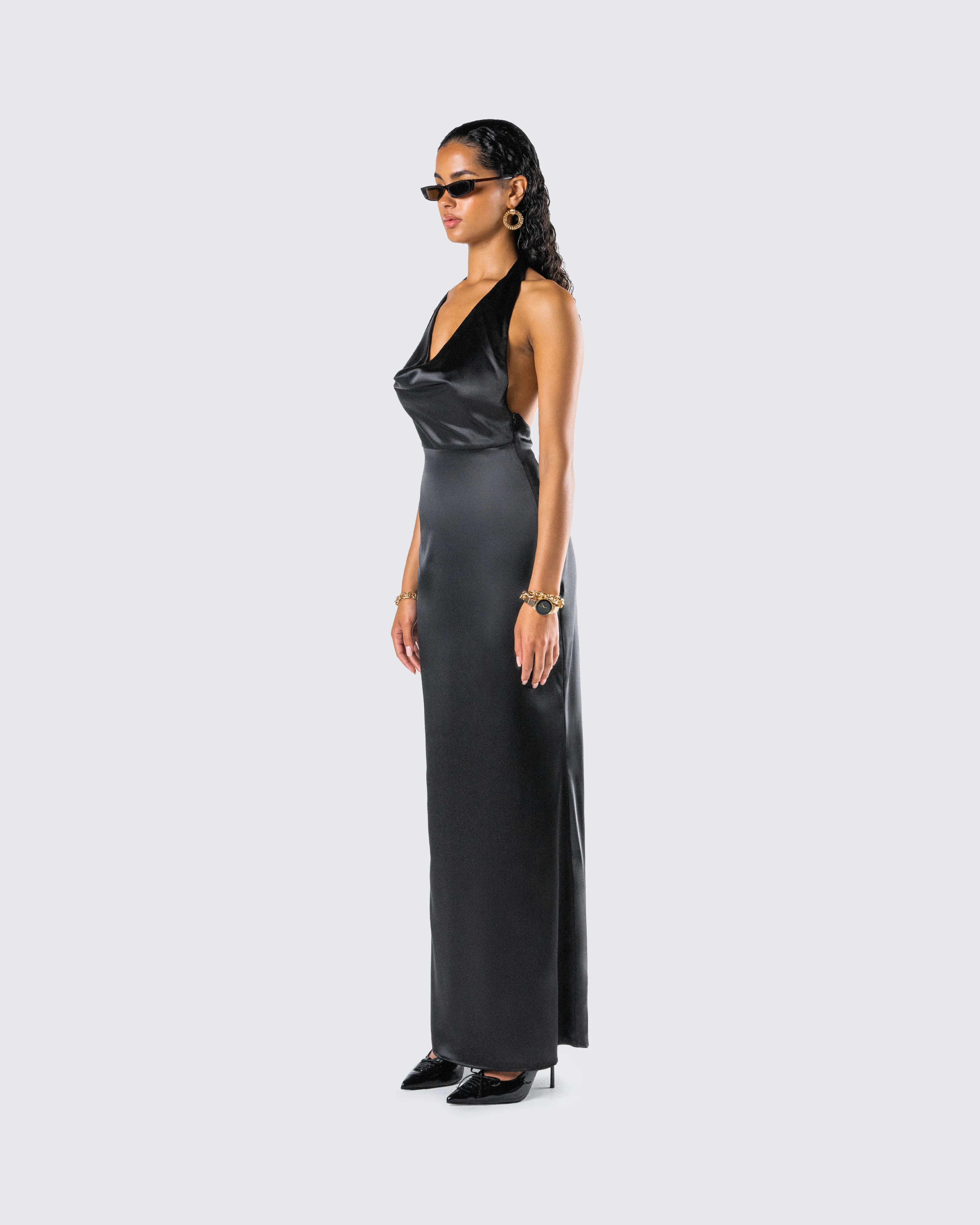 Holly Black Satin Cowl Maxi Dress - Image 5