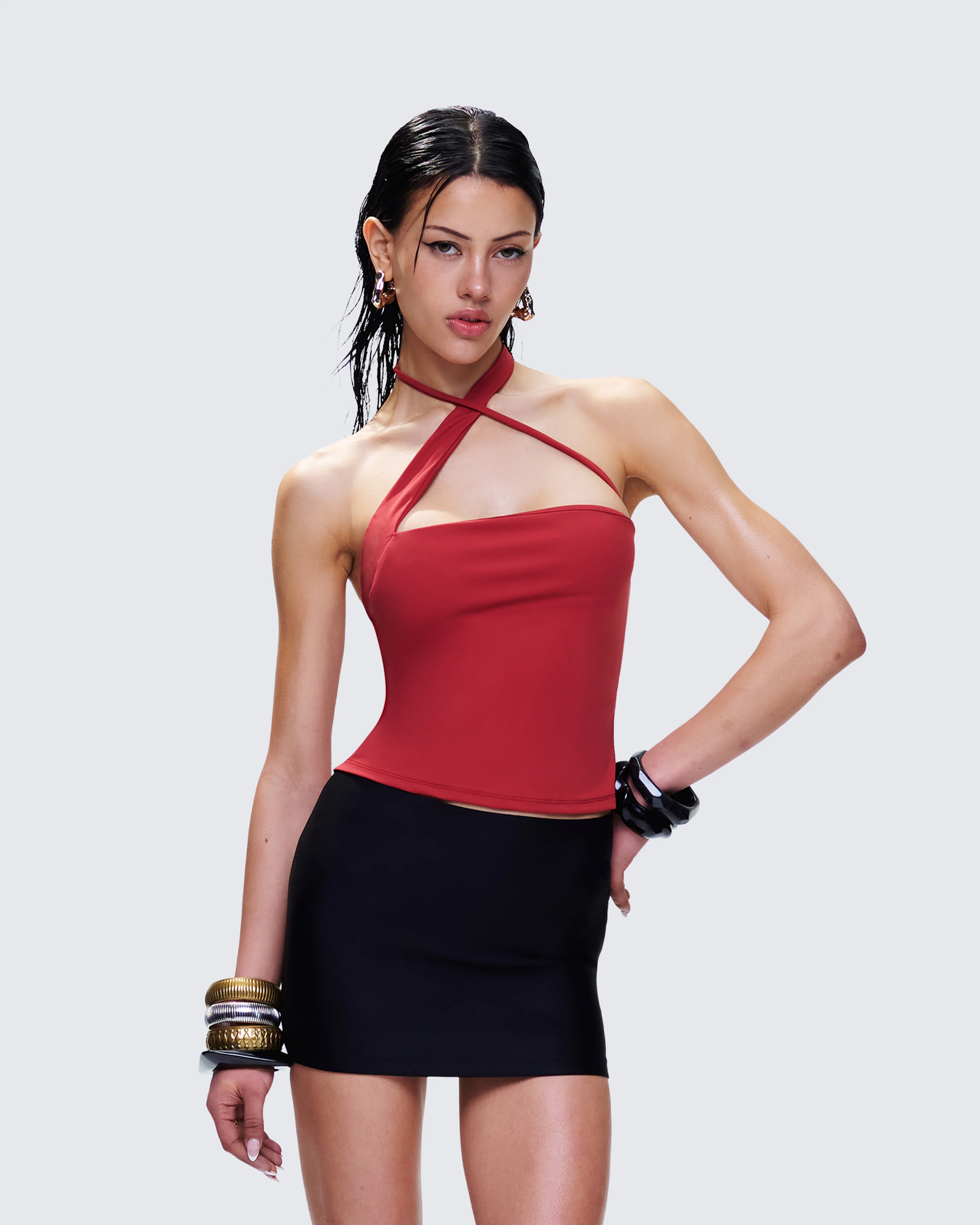 Idalia Red Asymmetrical Halter Top - Image 3