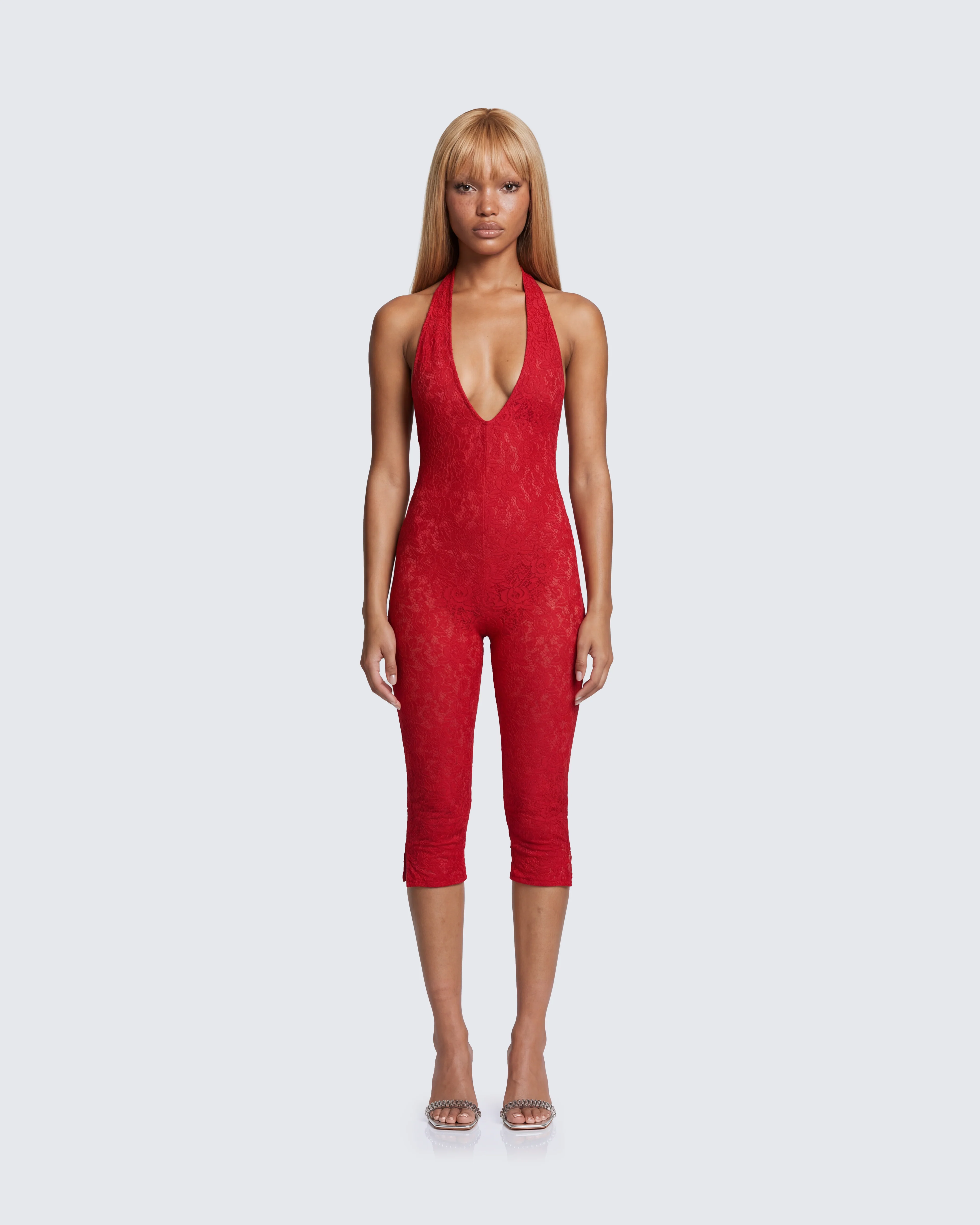 Isabel Red Lace Capri Jumpsuit - Image 2