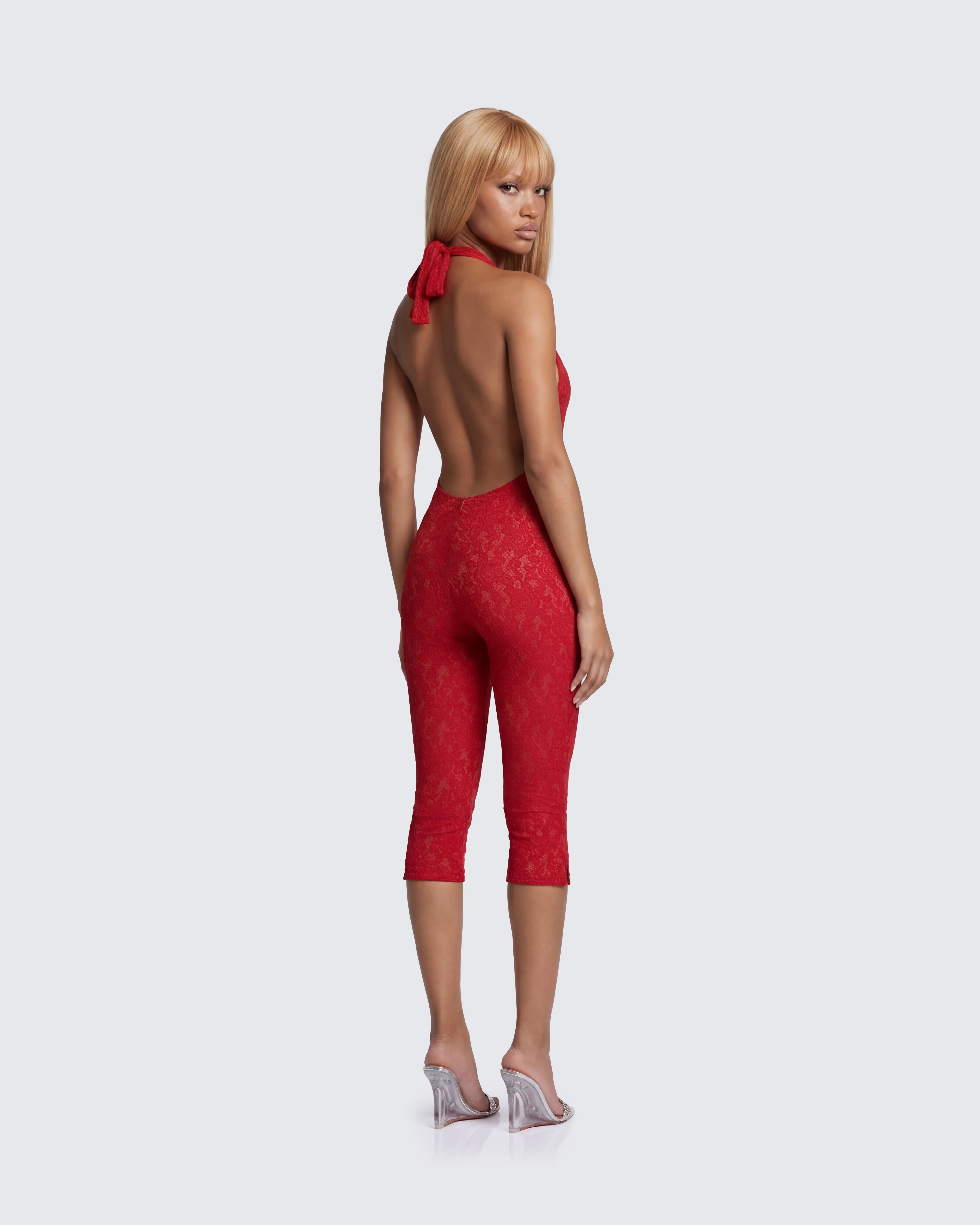 Isabel Red Lace Capri Jumpsuit - Image 5