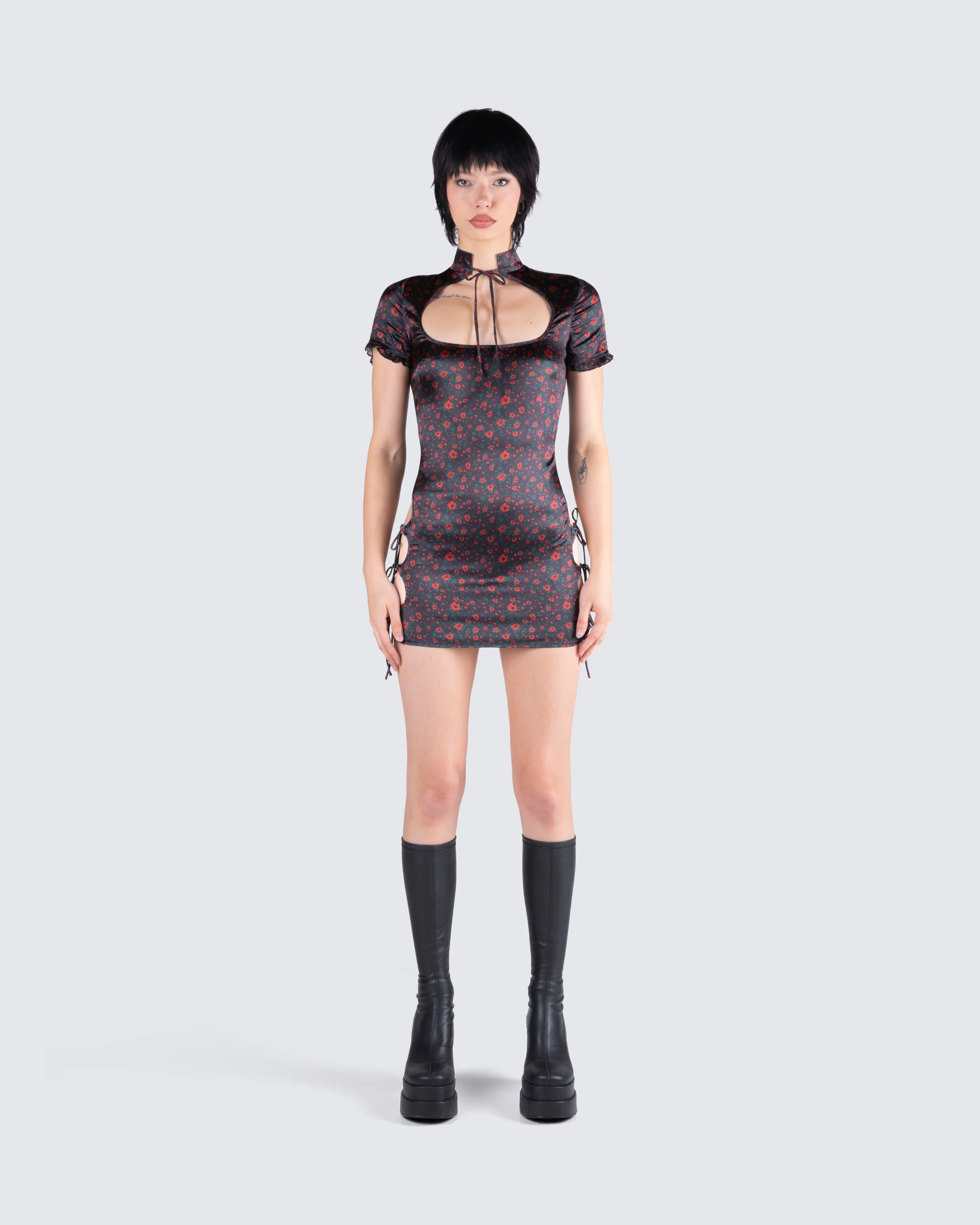 Ivie Black Floral Satin Mini Dress - Image 4