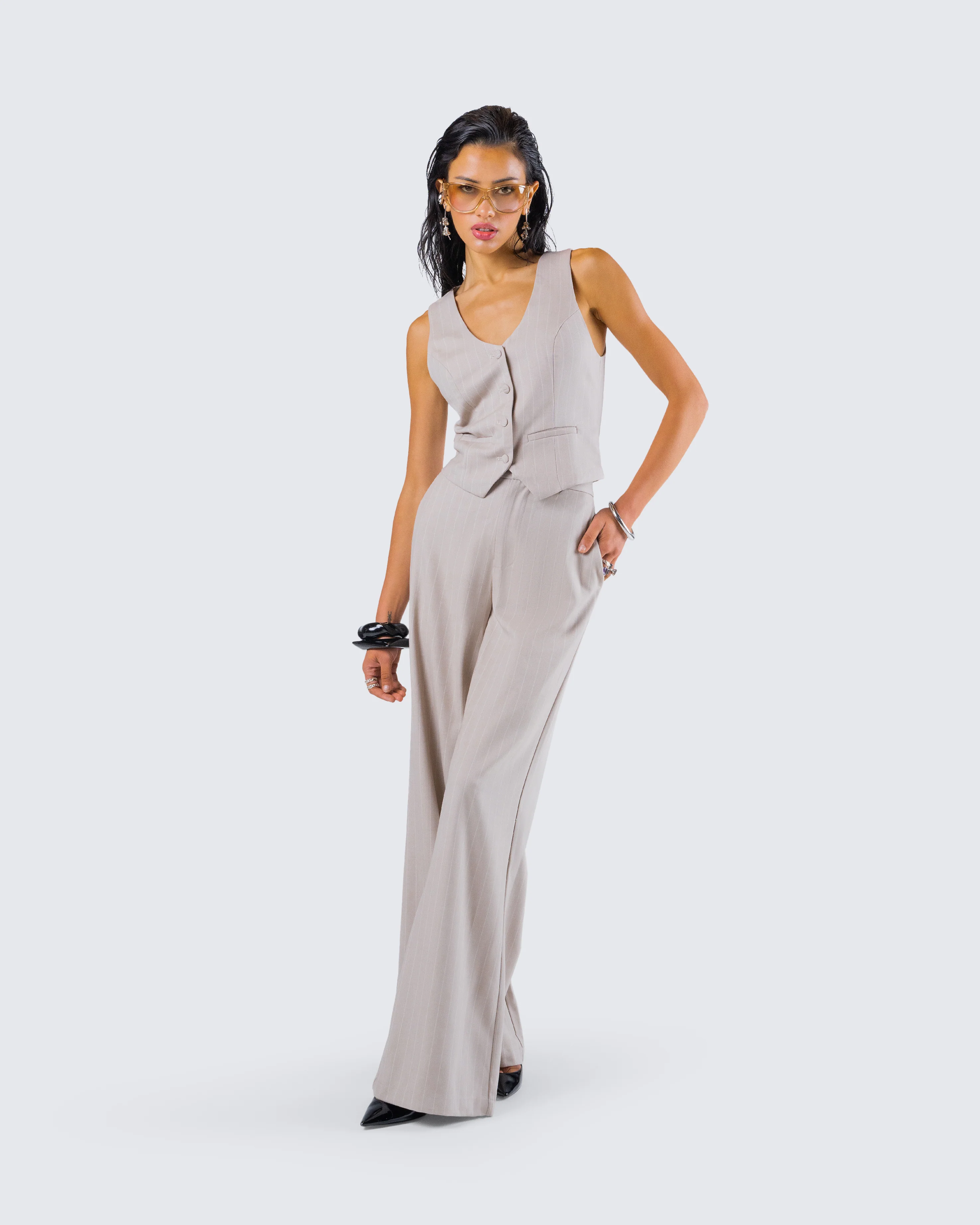 Jaelyn Beige Pinstripe Trouser - Image 9
