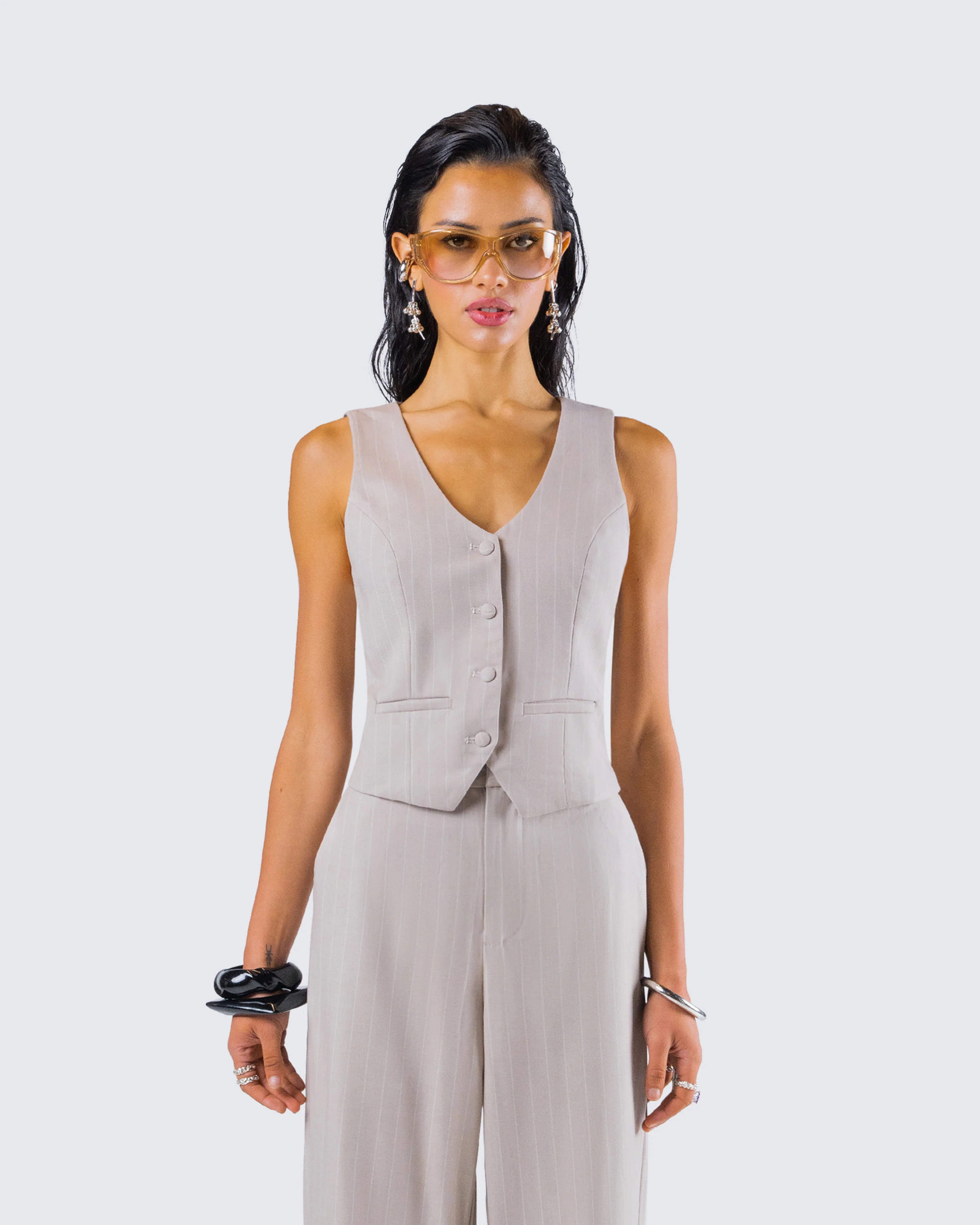 Jaelyn Beige Pinstripe Vest - Image 4