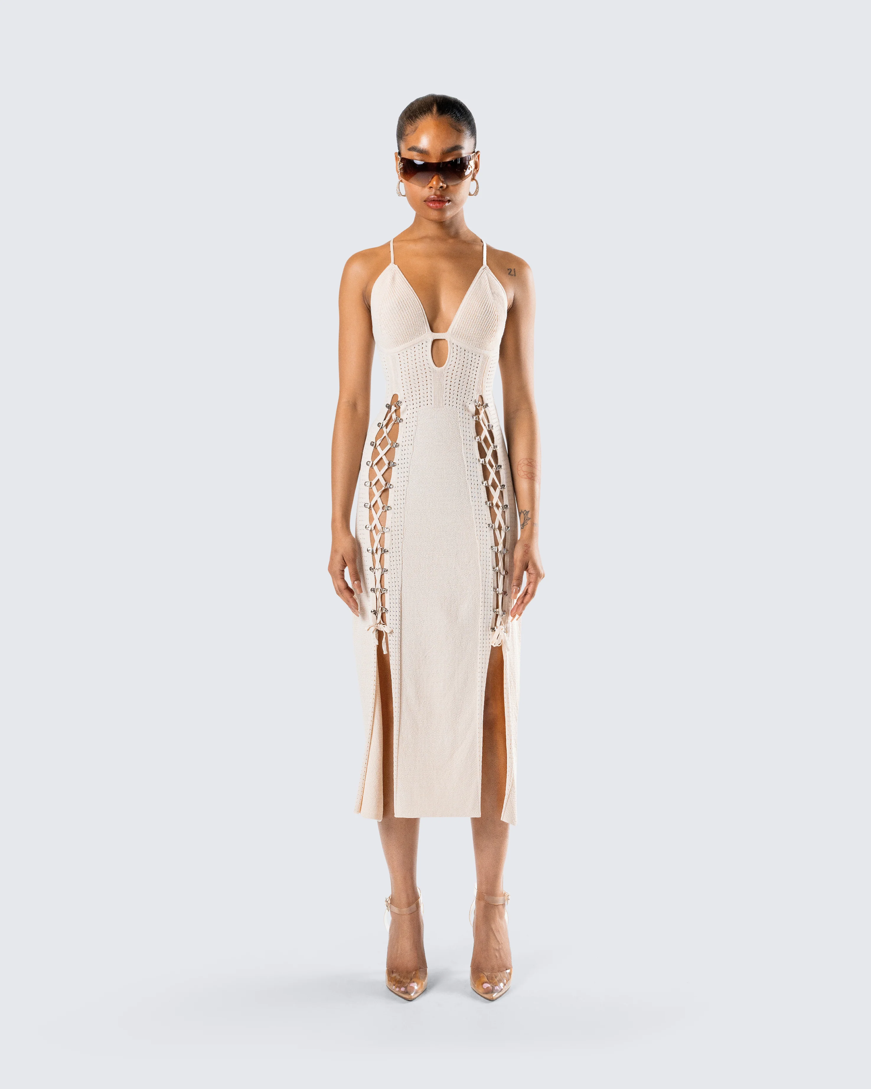 Jing Ivory Crochet Knit Midi Dress - Image 3