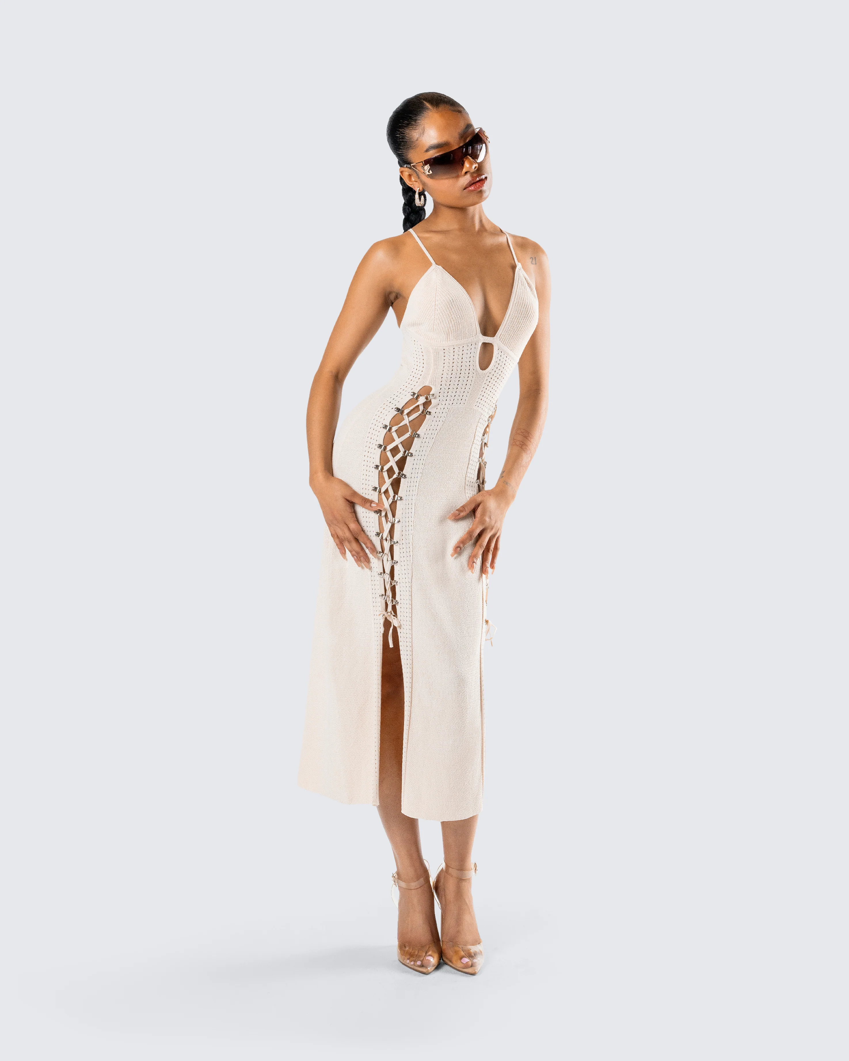 Jing Ivory Crochet Knit Midi Dress - Image 7