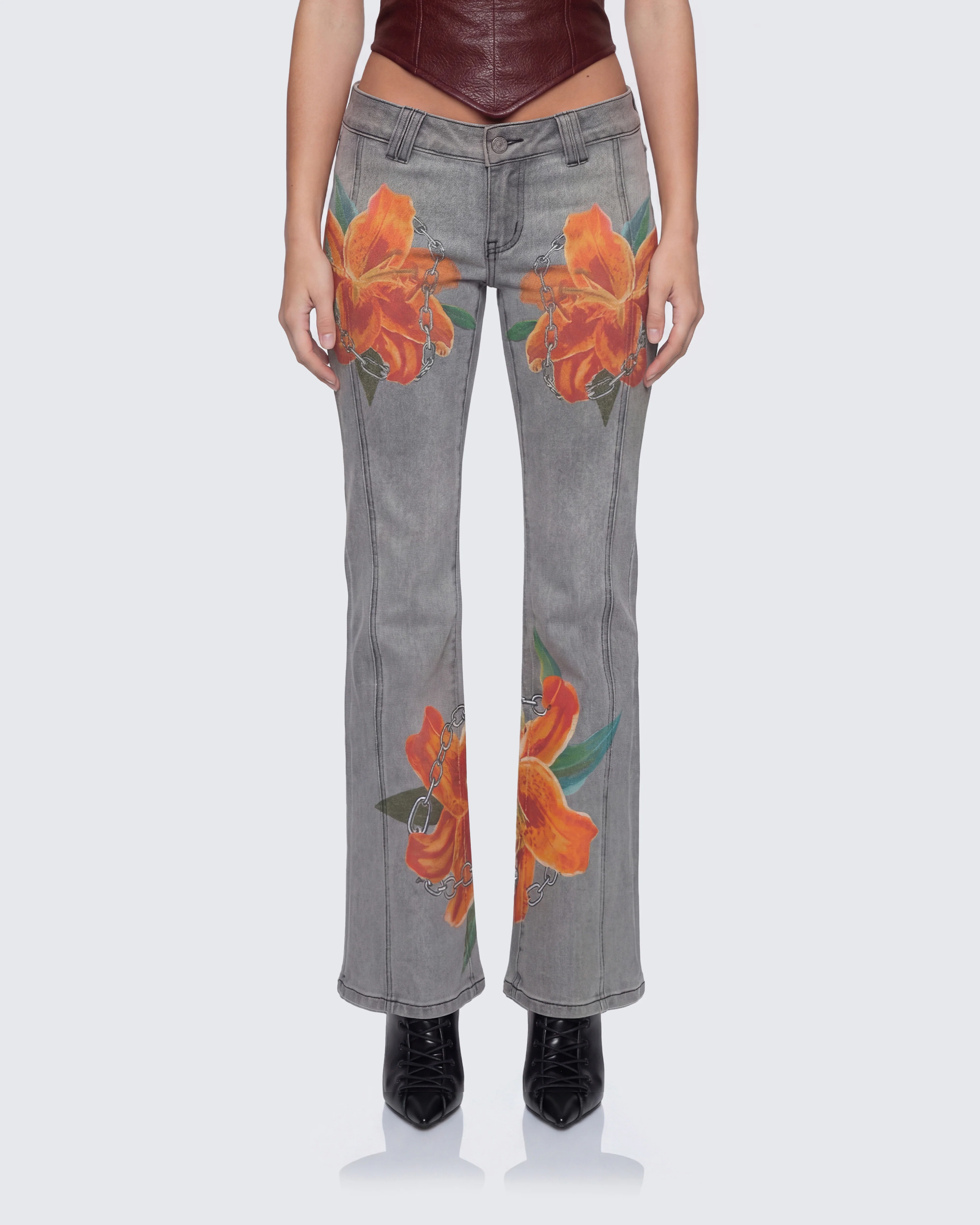 Jojo Grey Denim Flower Painted Jeans - Image 2