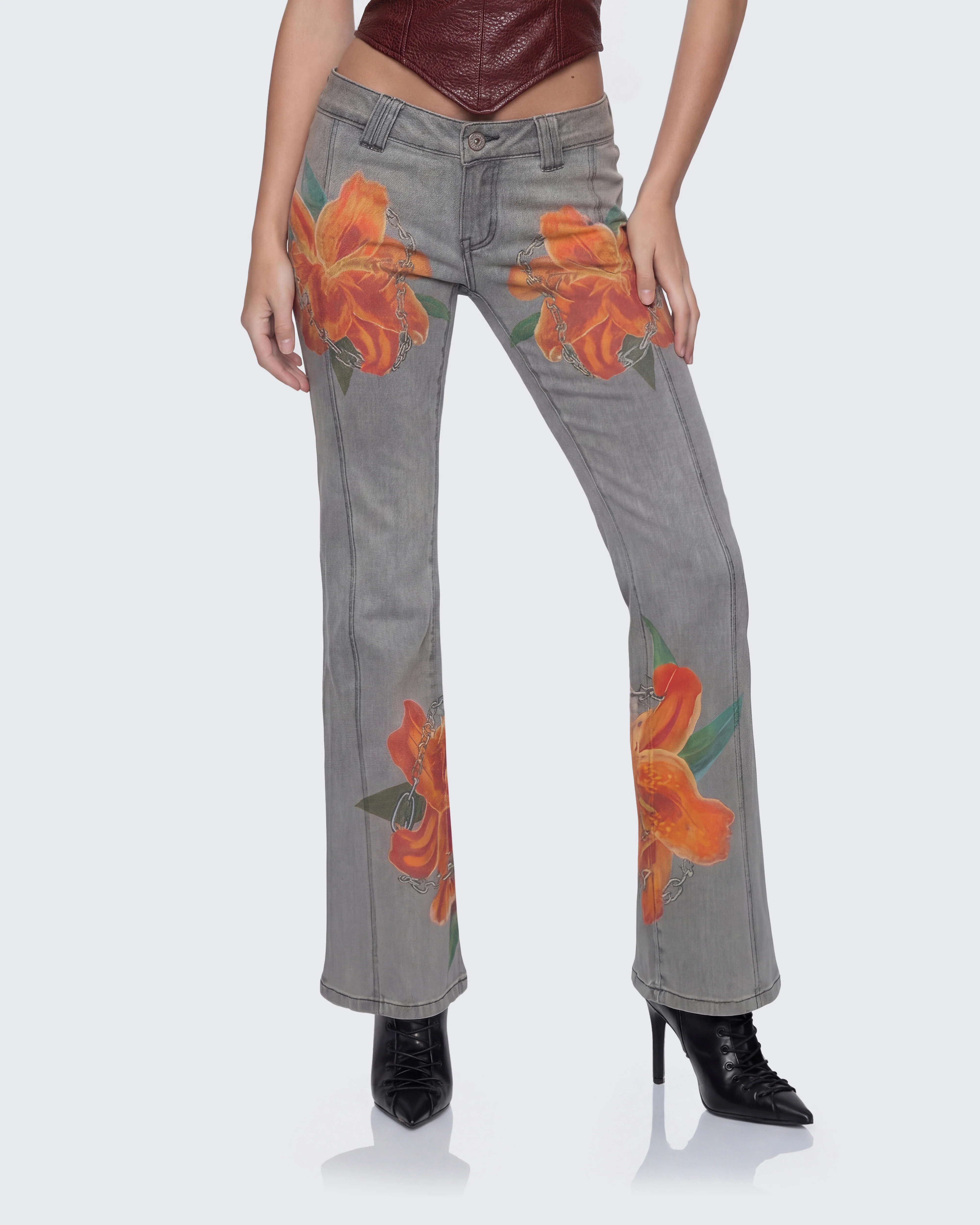 Jojo Grey Denim Flower Painted Jeans - Image 3