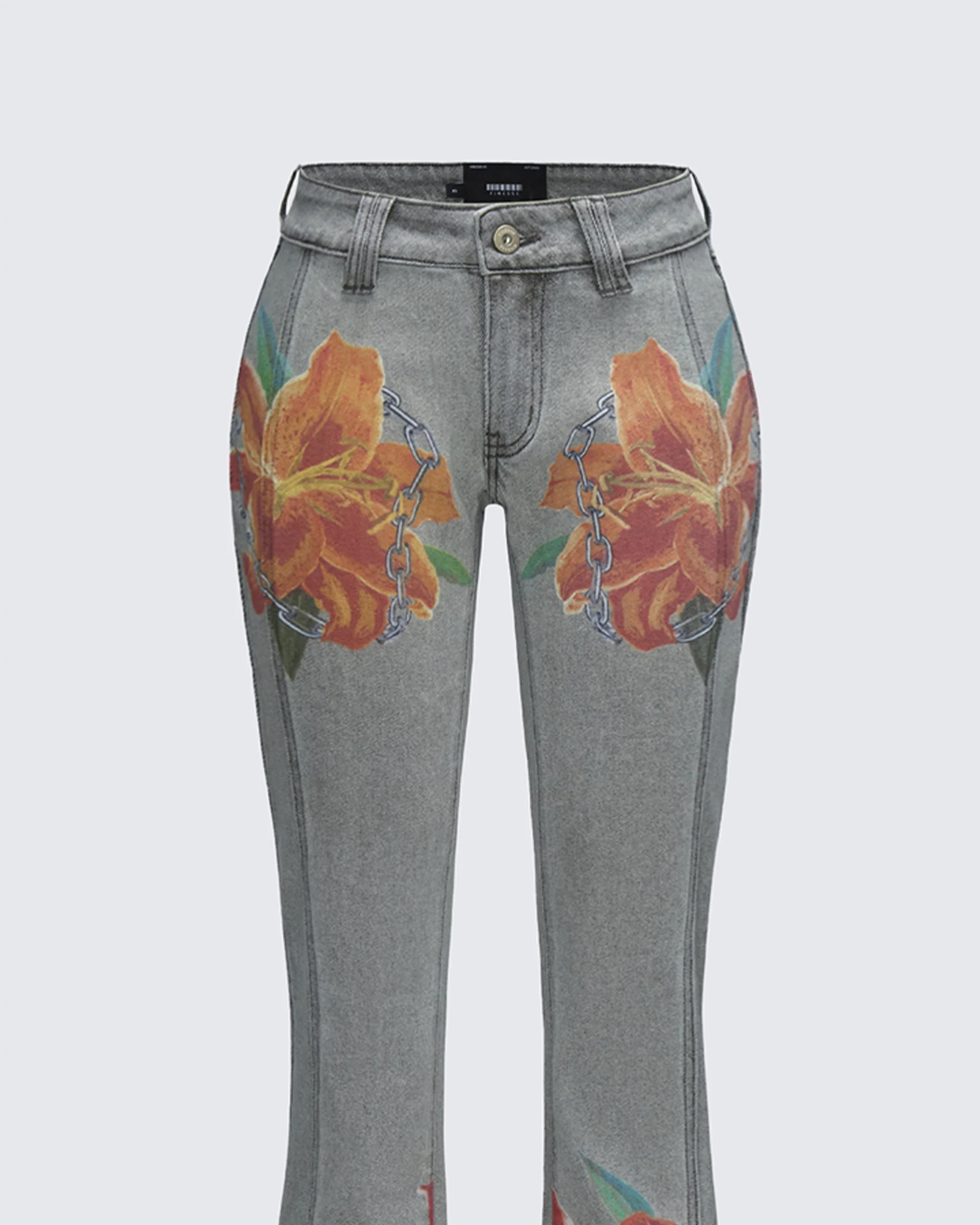 Jojo Grey Denim Flower Painted Jeans - Image 6