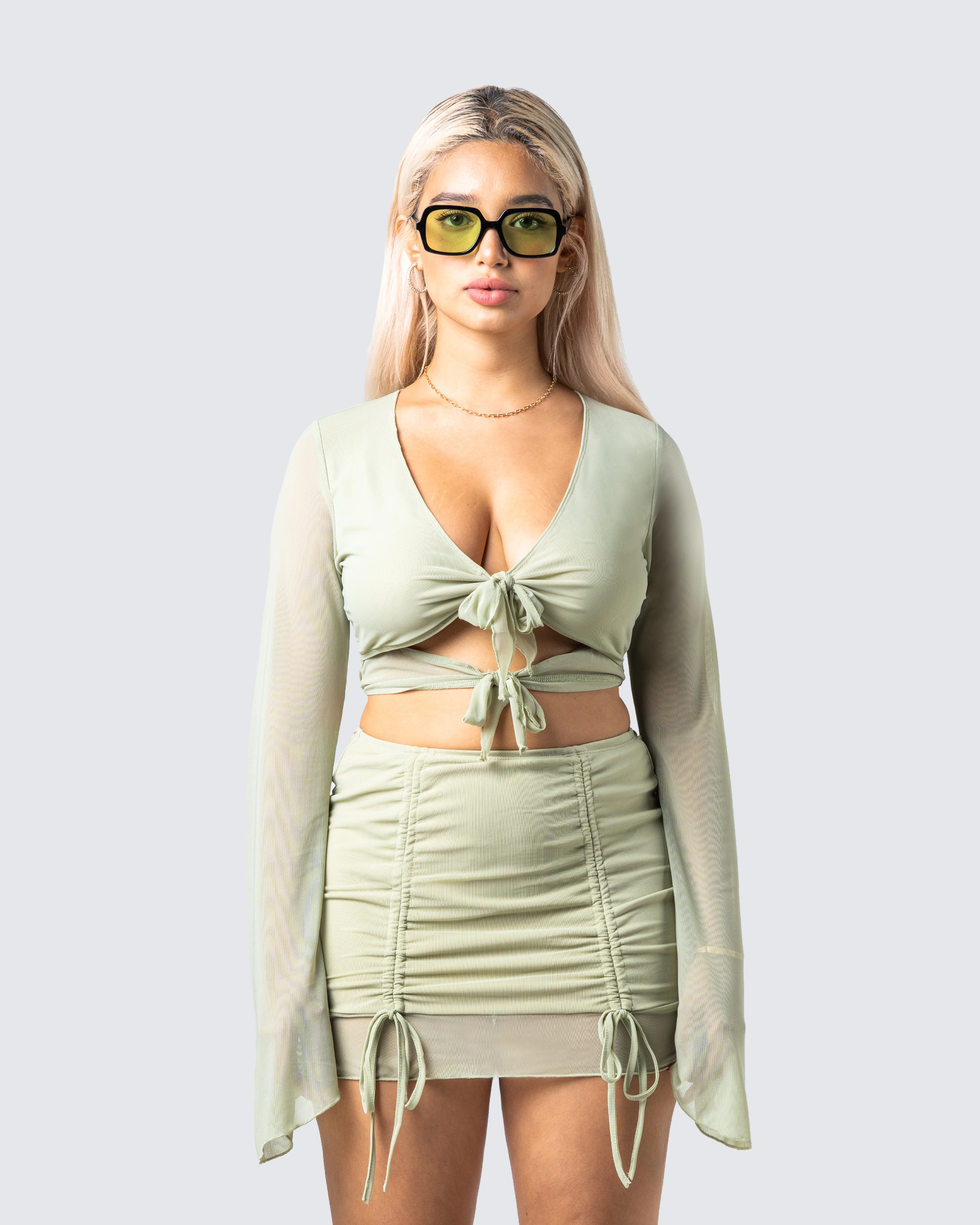 Jolie Olive Mesh Tie Front Top - Image 4