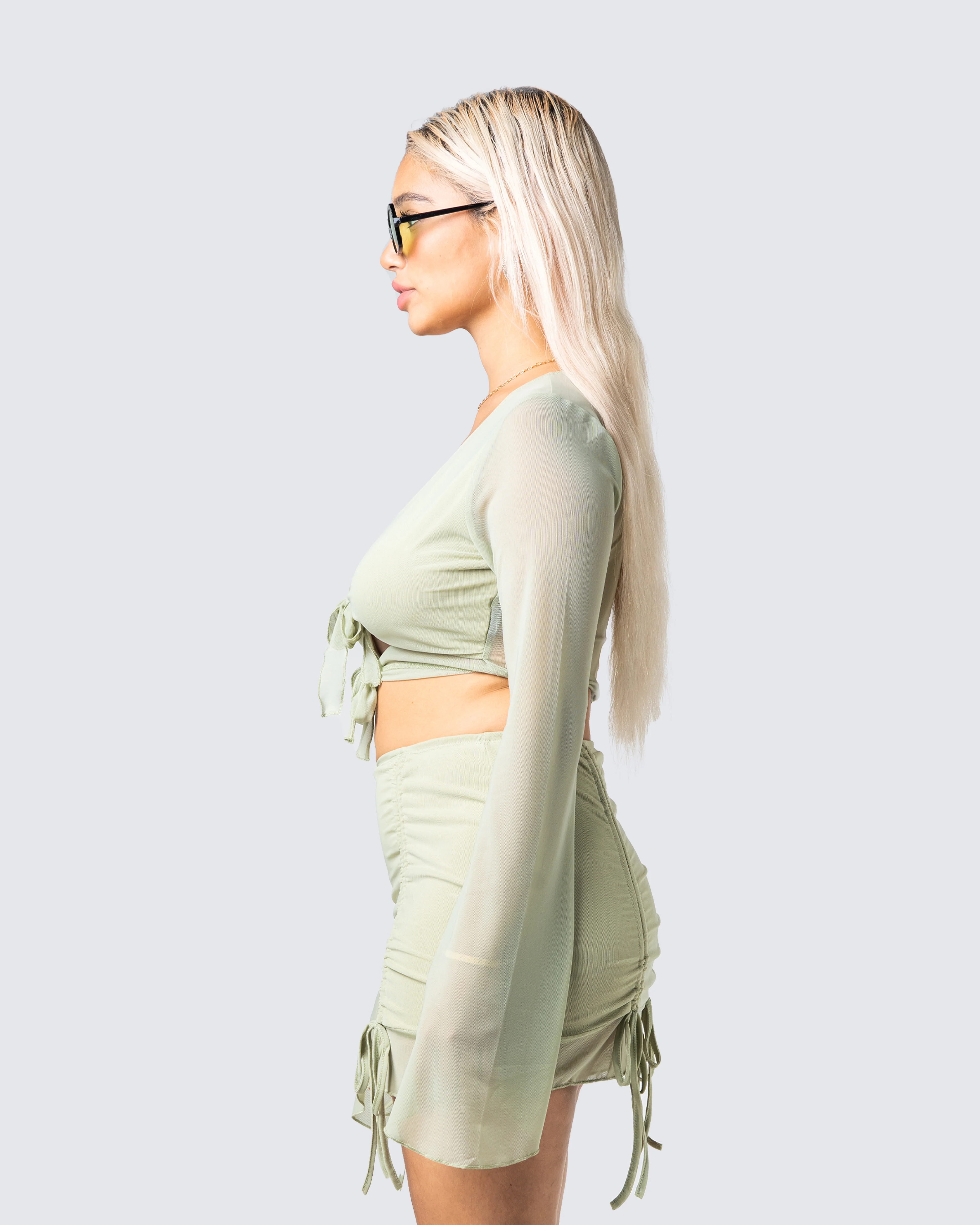 Jolie Olive Mesh Tie Front Top - Image 5