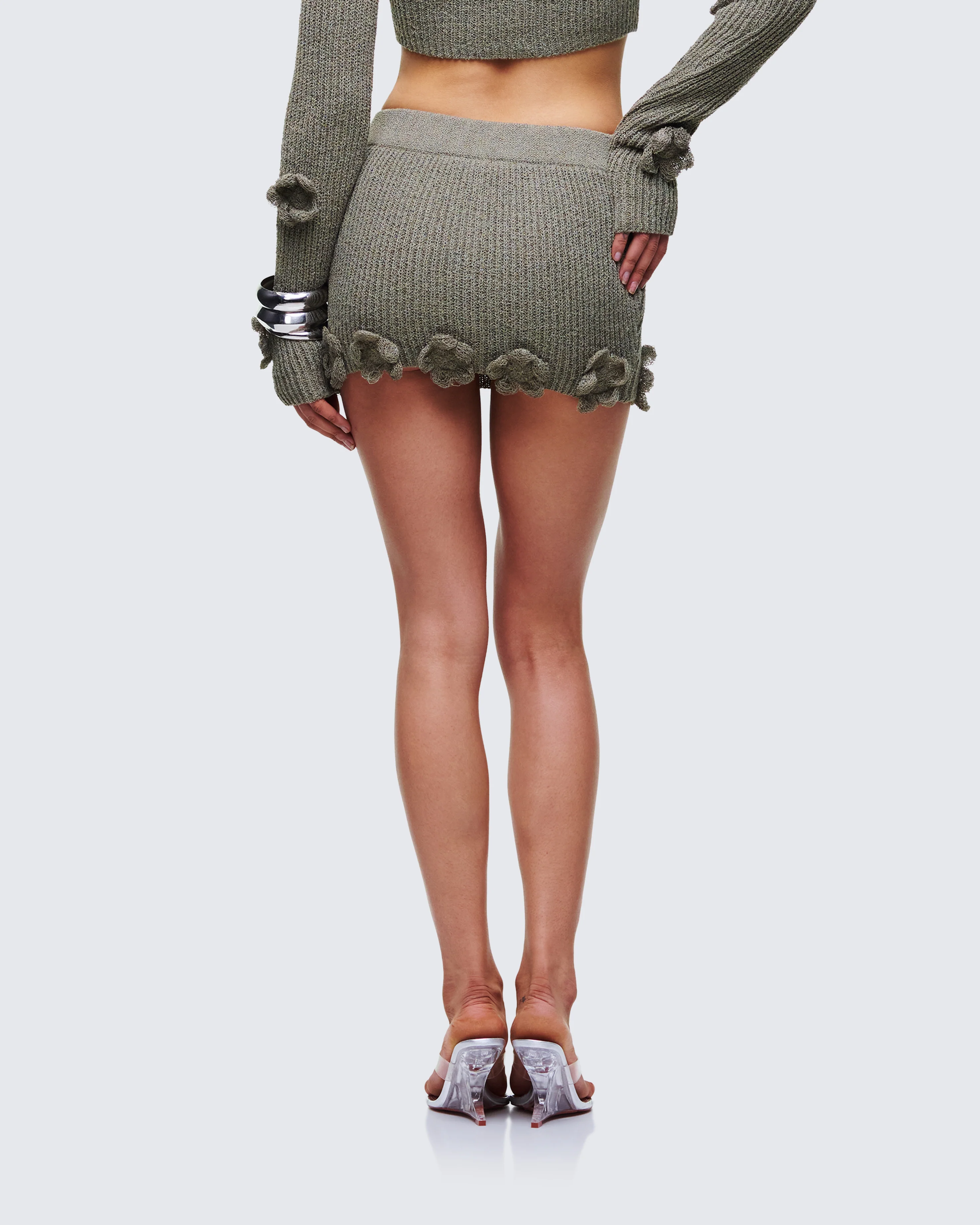 Jordan Green Knit Flower Hem Mini Skirt - Image 4