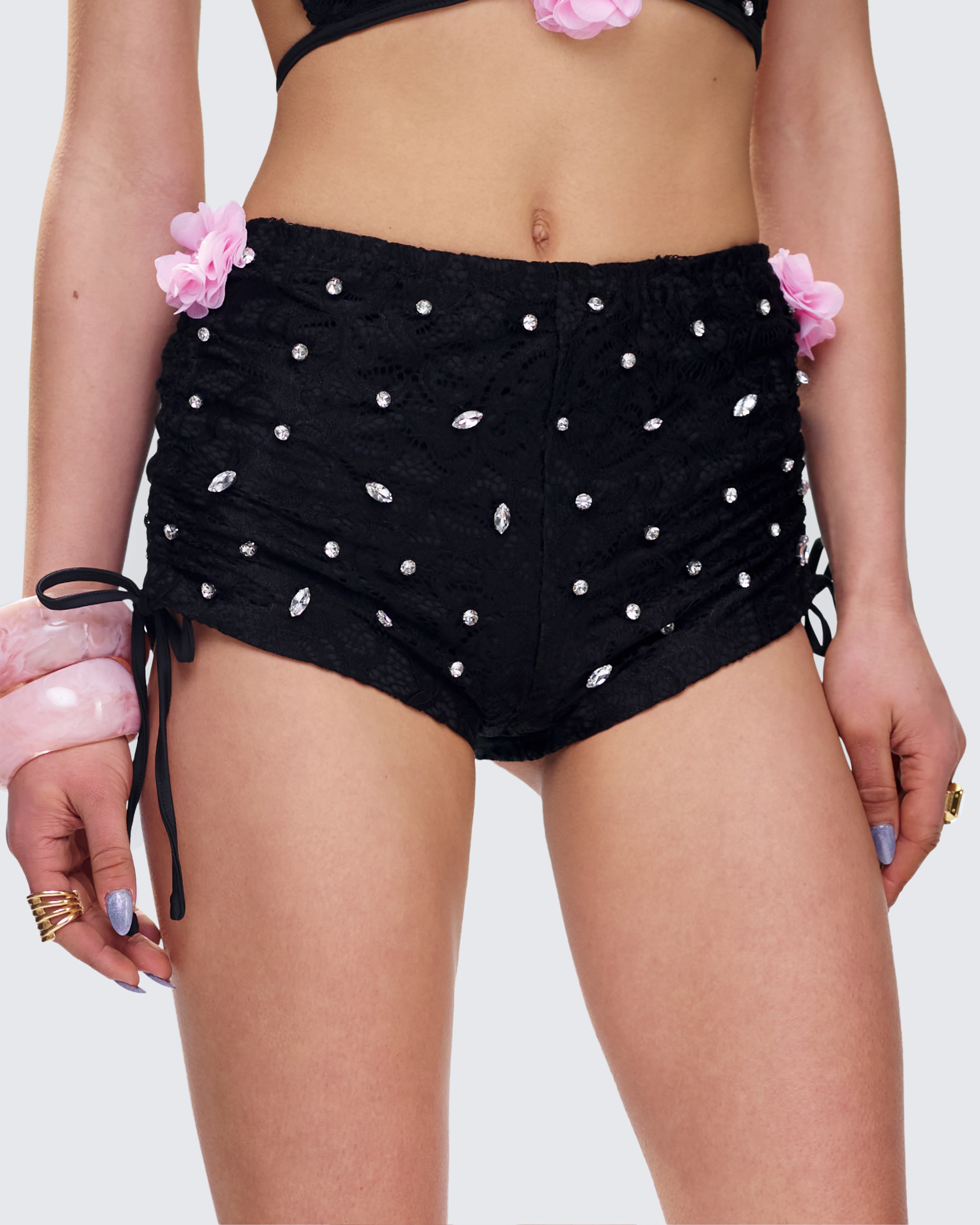 Julissa Black Hand Beaded Rhinestone Shorts - Image 7