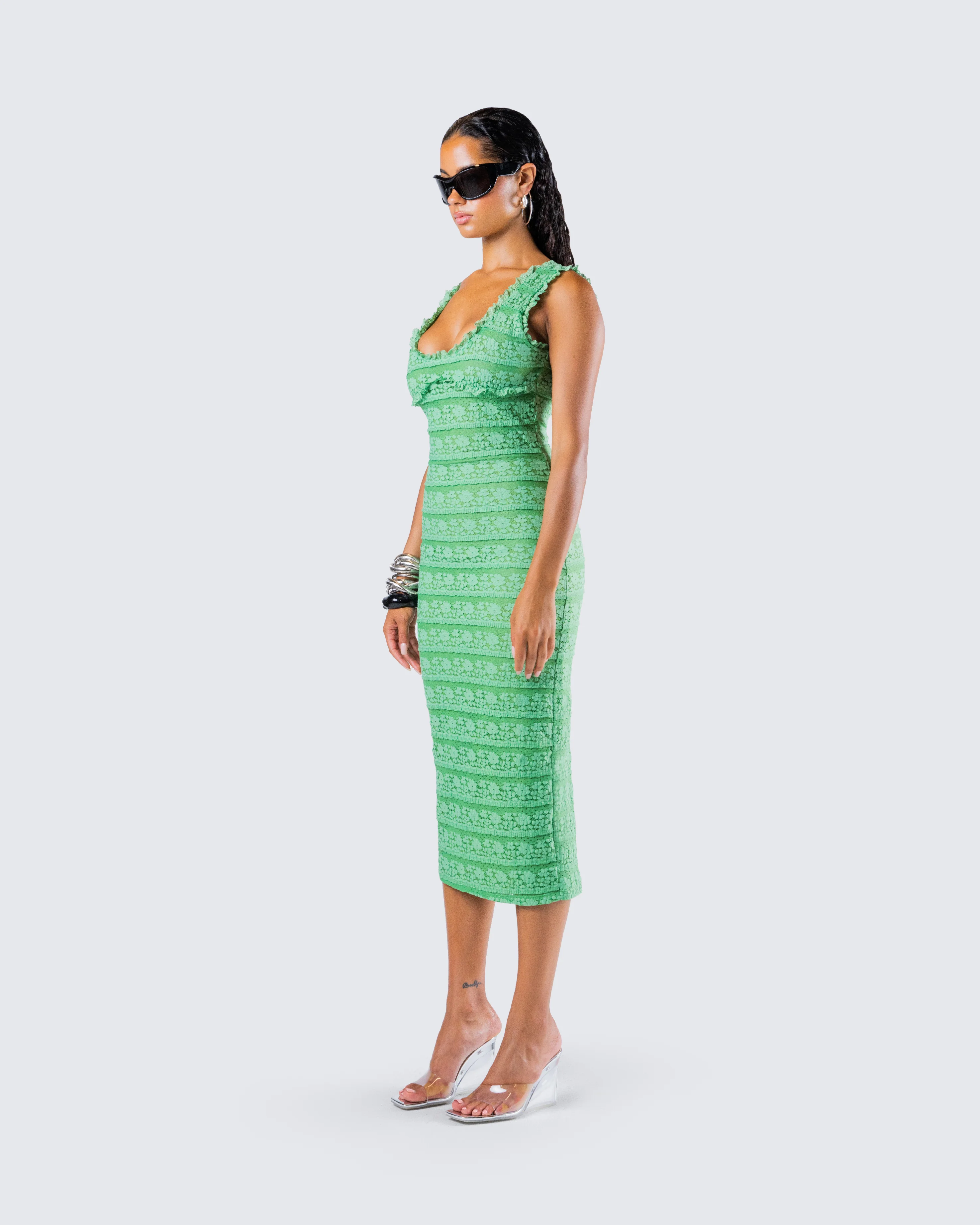 Kairi Green Ruffle Trim Midi Dress - Image 5