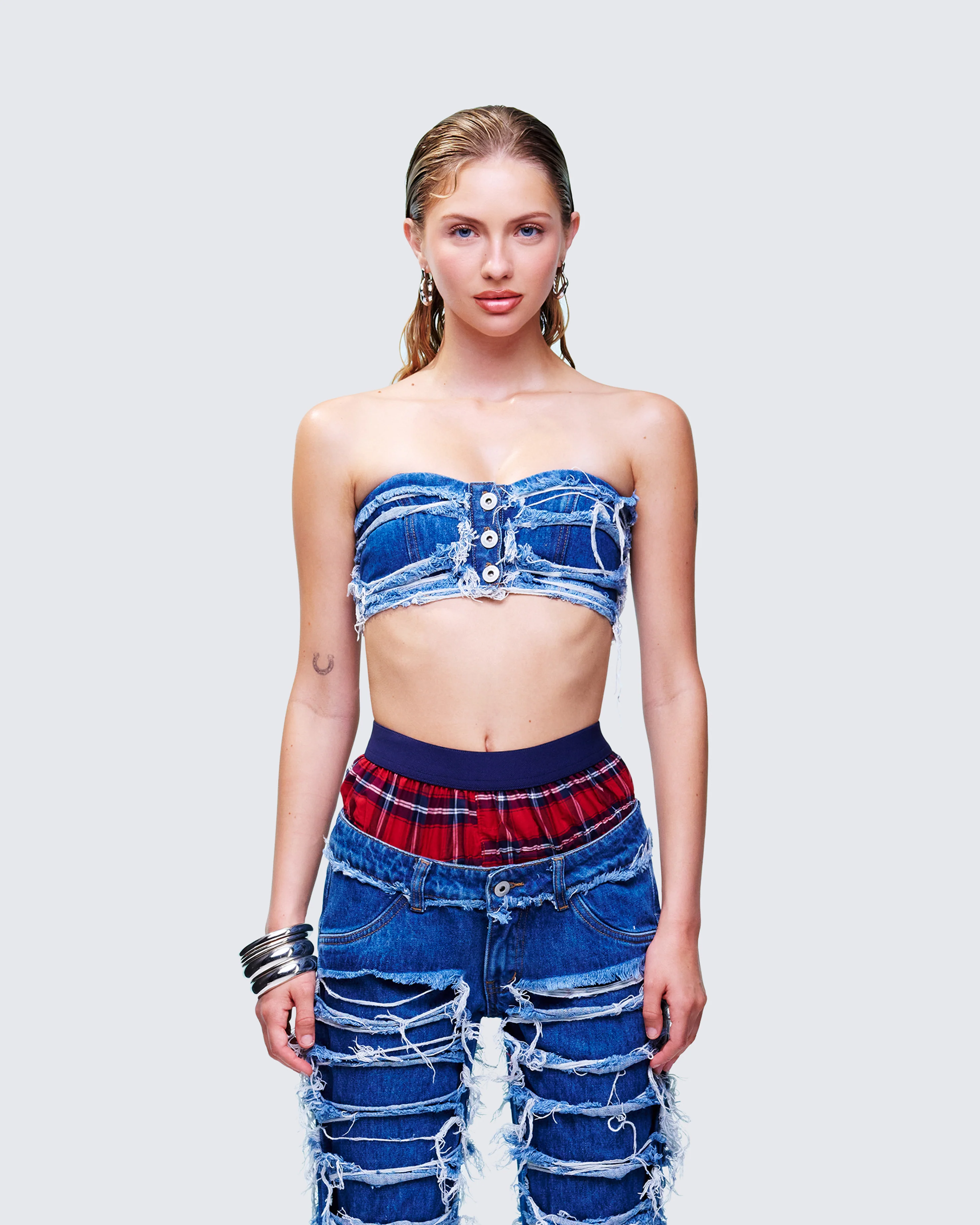 Katria Blue Frayed Denim Bandeau Top - Image 2