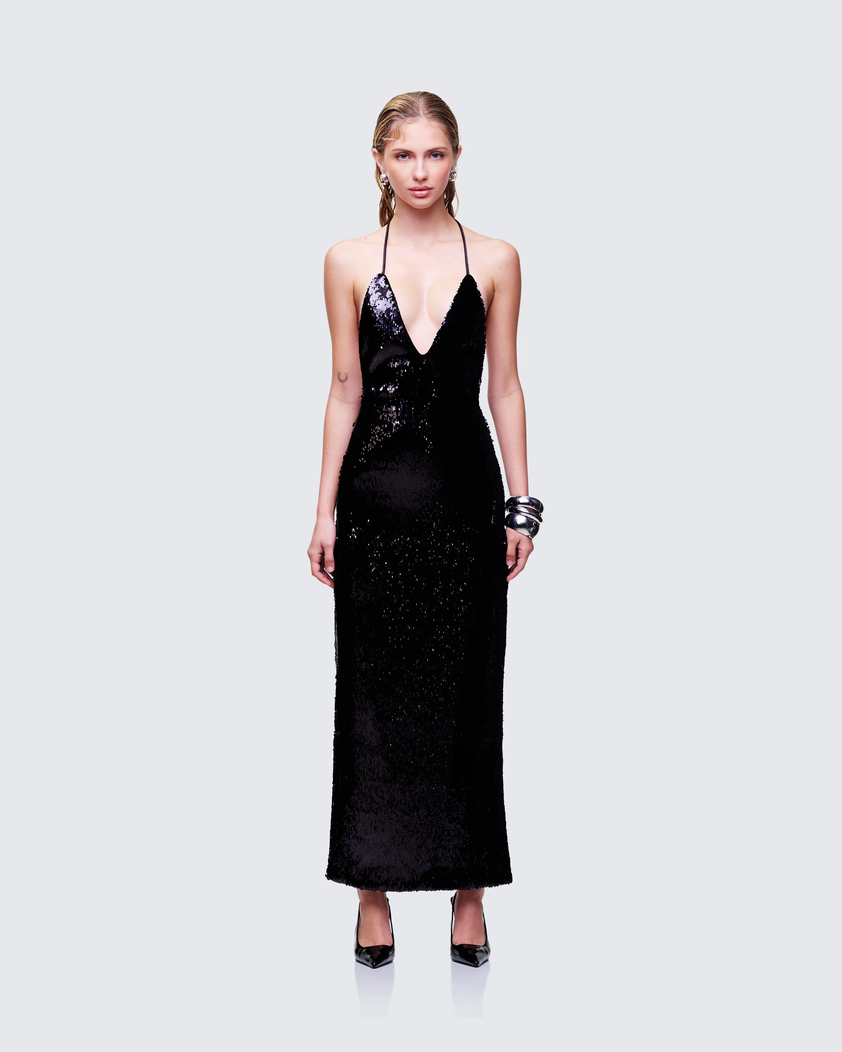 Khadija Black Sequin Pencil Midi Dress - Image 2