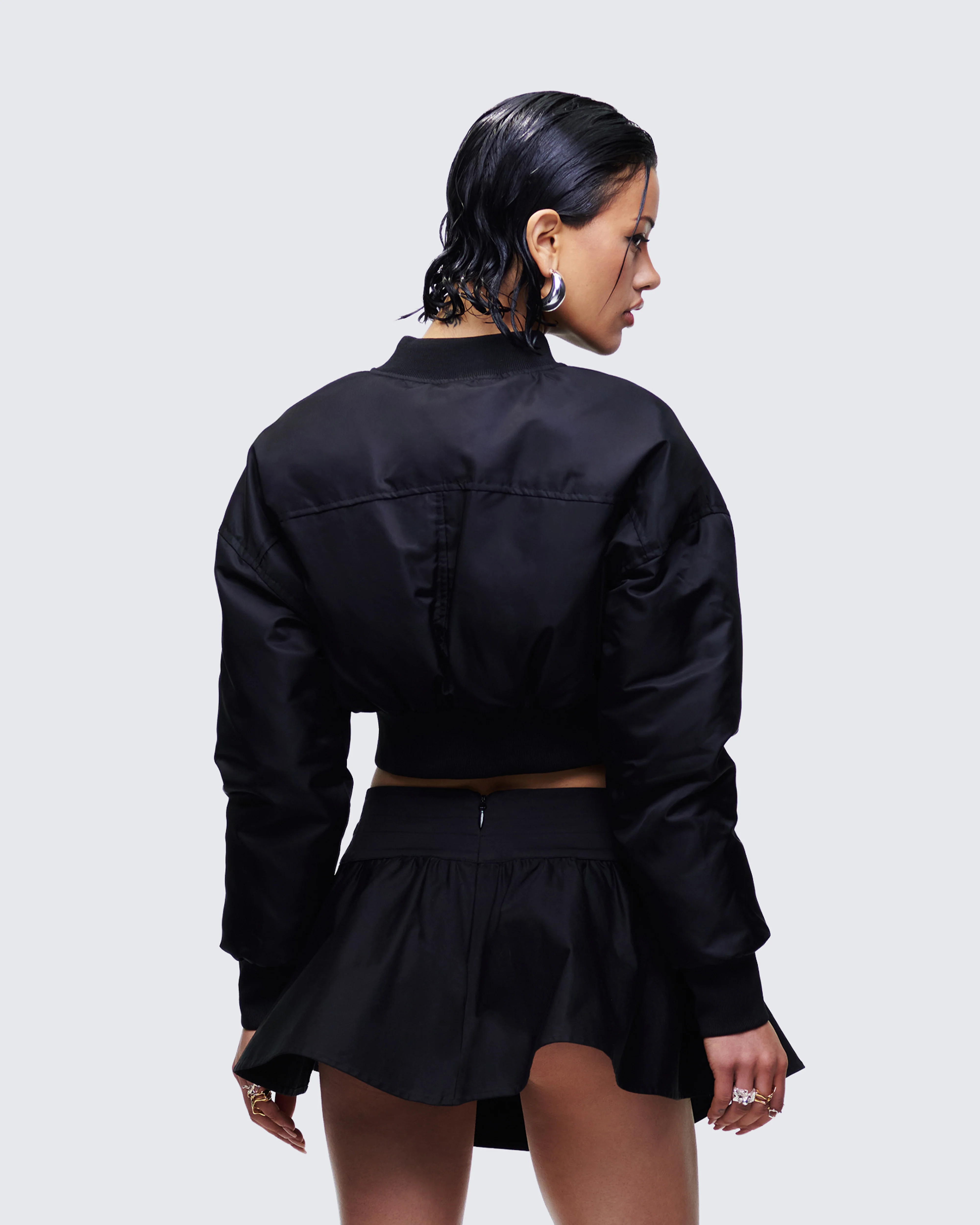 Khione Black Flight Satin Cropped Bomber Jacket - Image 4