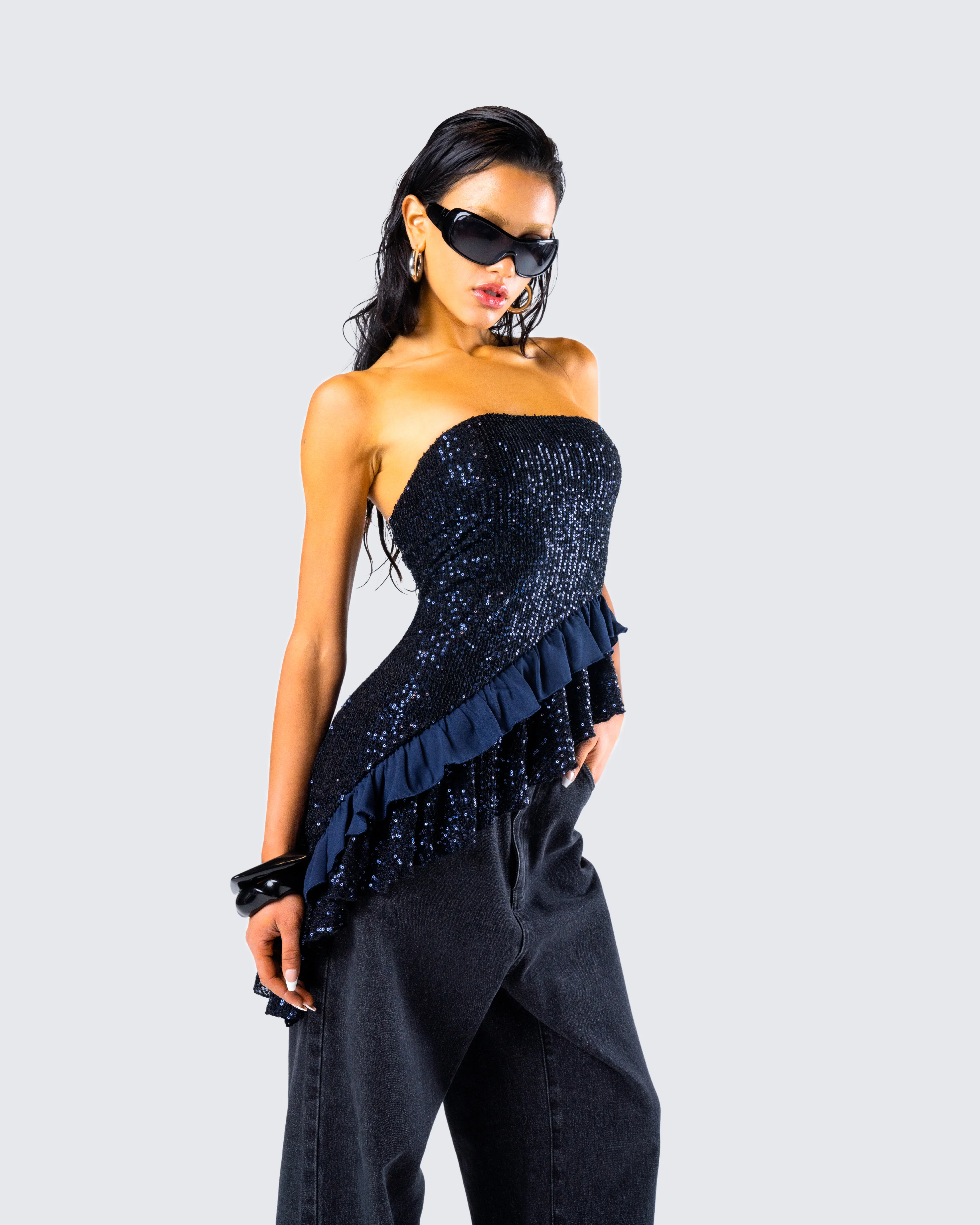 Kienna Navy Sequin Asymmetrical Top - Image 8