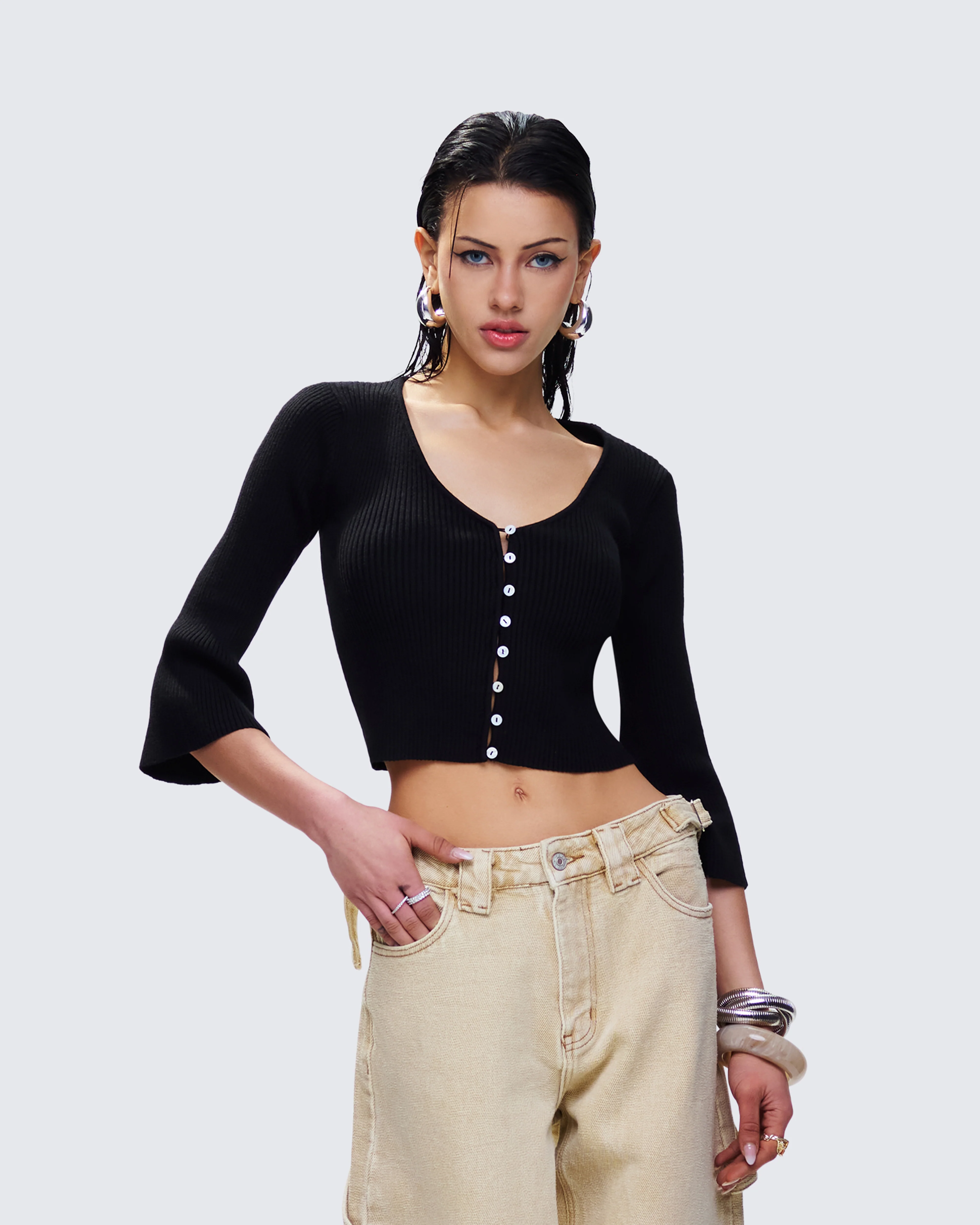 Kimmy Black Ribbed Cardigan Top - Image 3