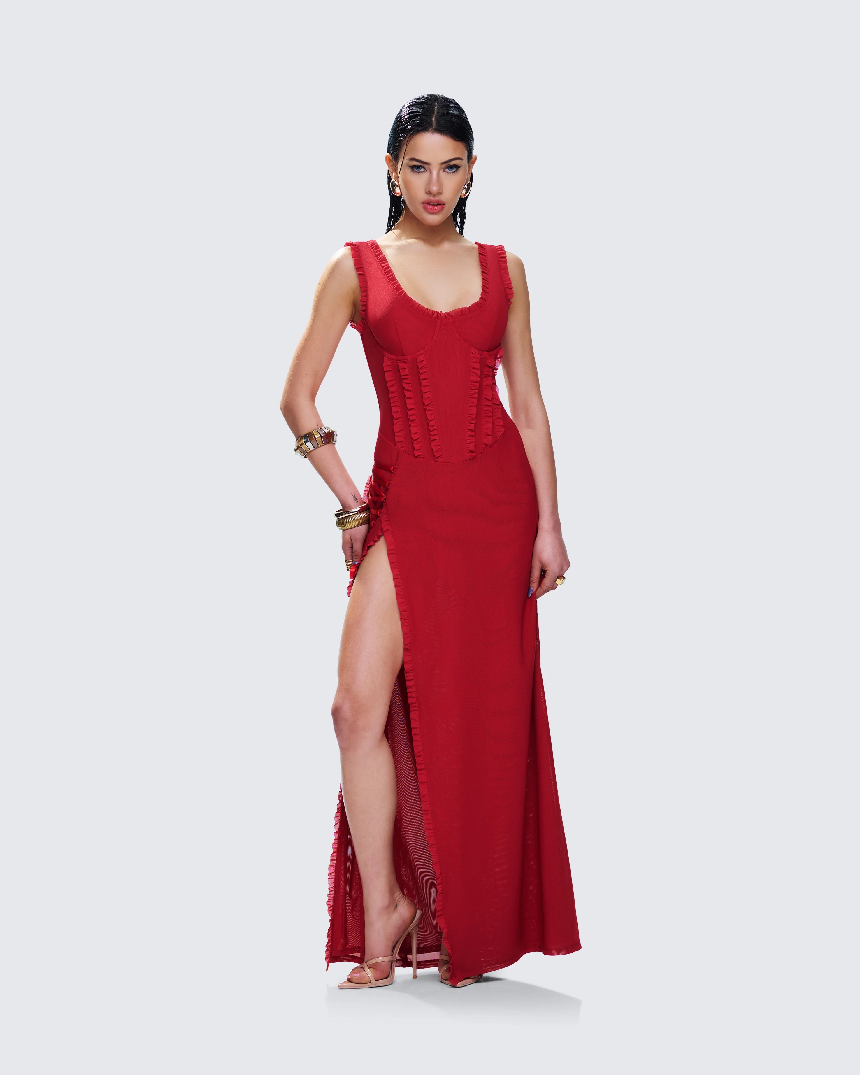 Kimoni Red Ruffle Corset Maxi Dress - Image 5