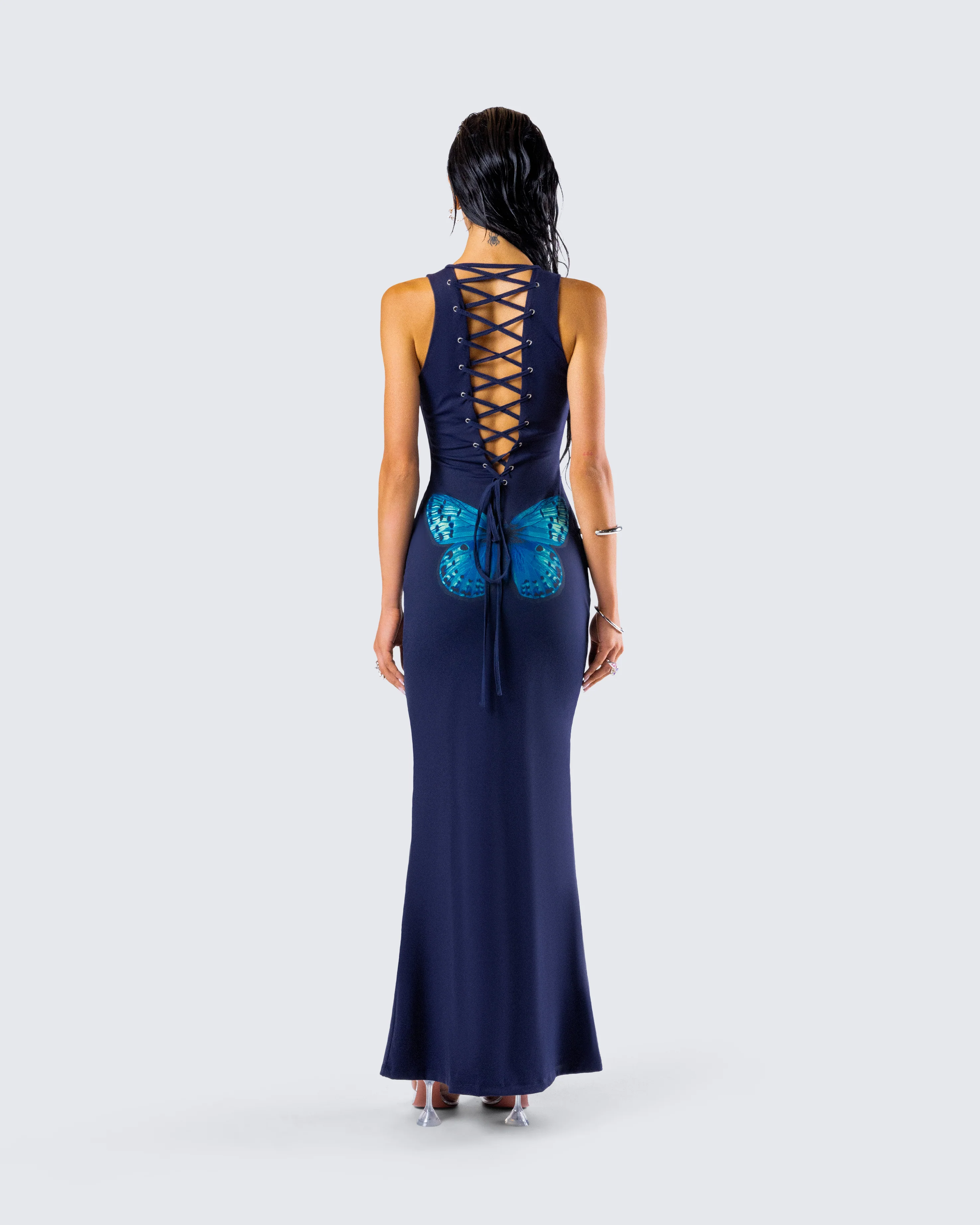 Kinny Navy Butterfly Print Maxi Dress - Image 7