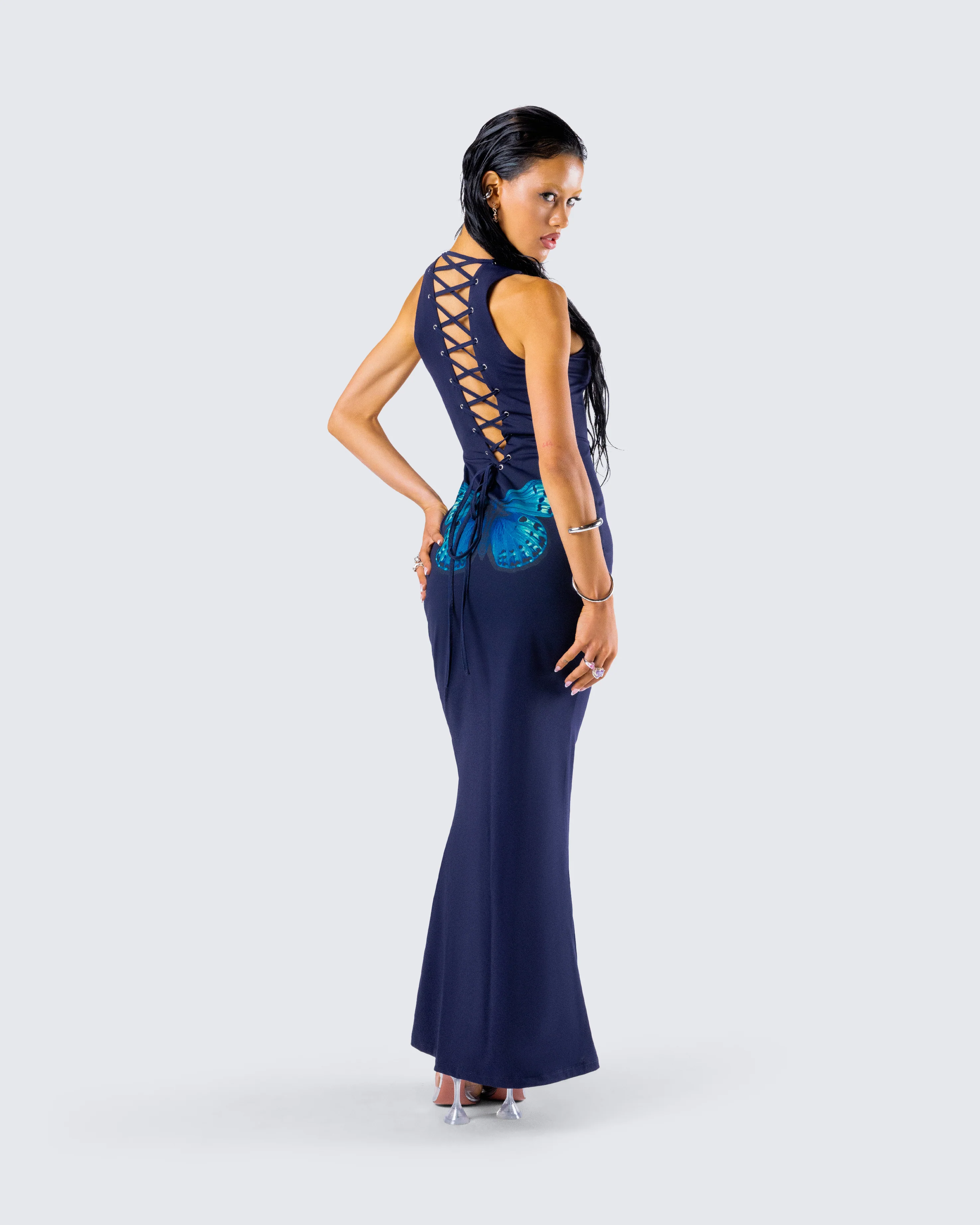 Kinny Navy Butterfly Print Maxi Dress - Image 8