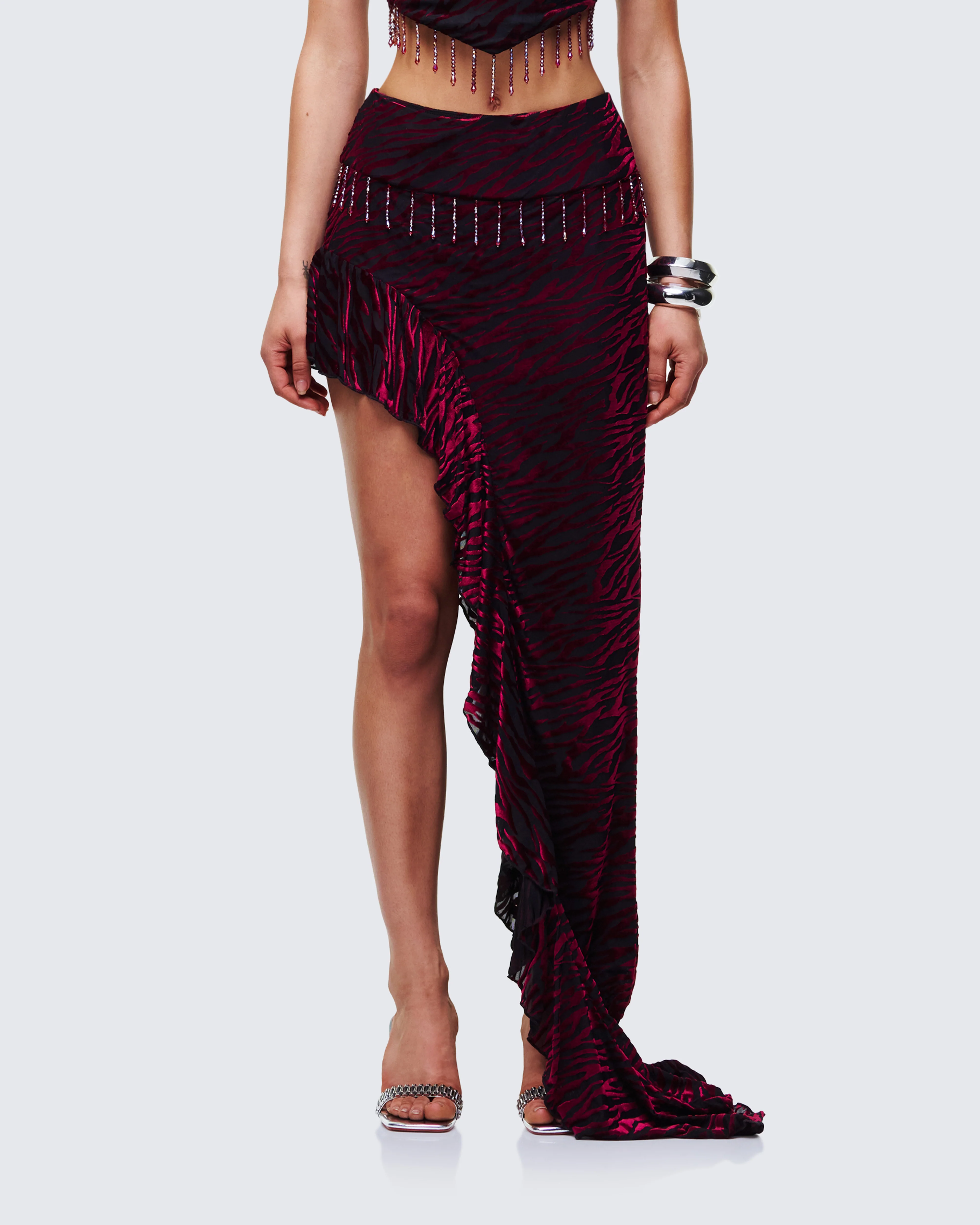 Kira Red Velvet Burn Out Beaded Maxi Skirt - Image 2