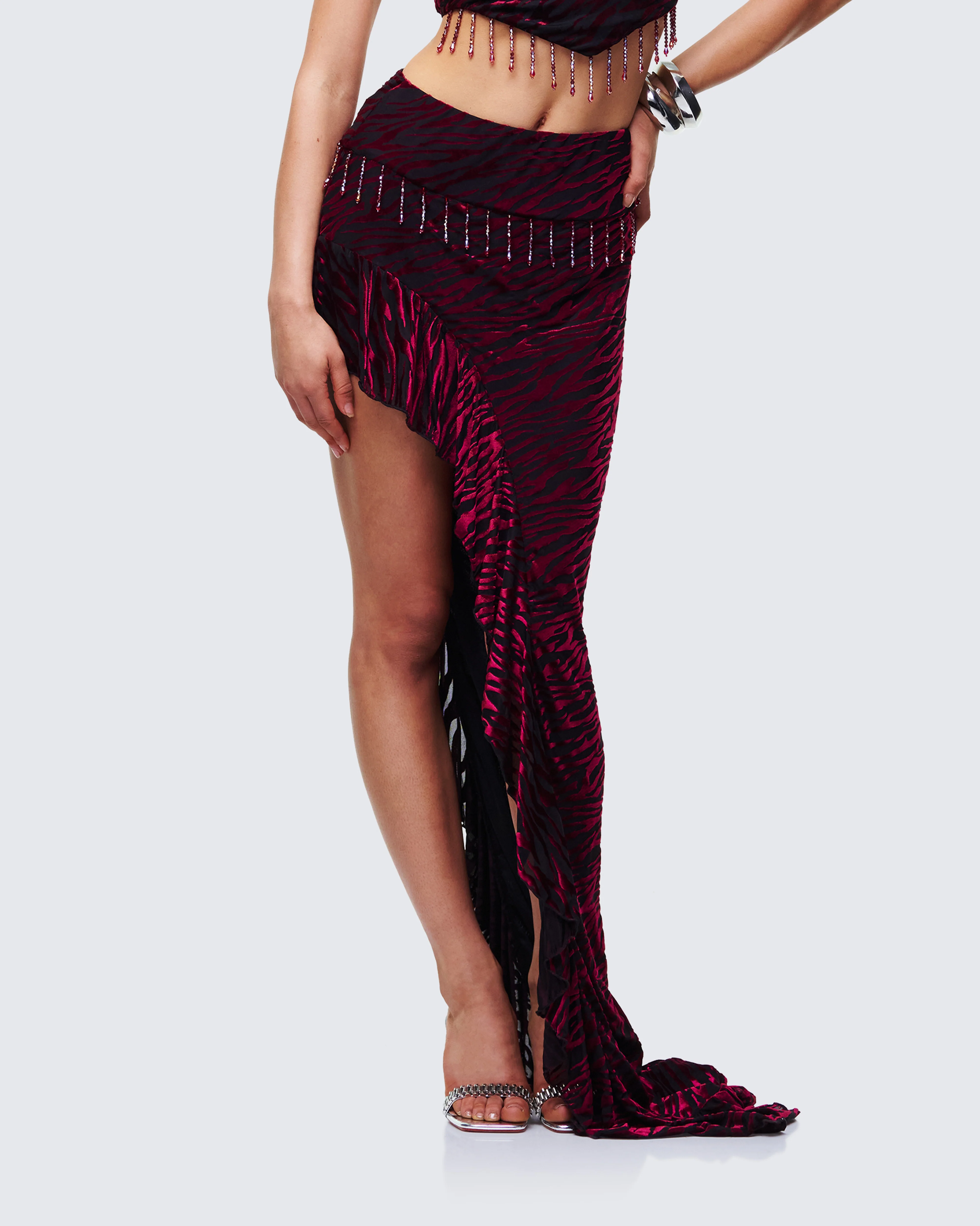 Kira Red Velvet Burn Out Beaded Maxi Skirt - Image 3