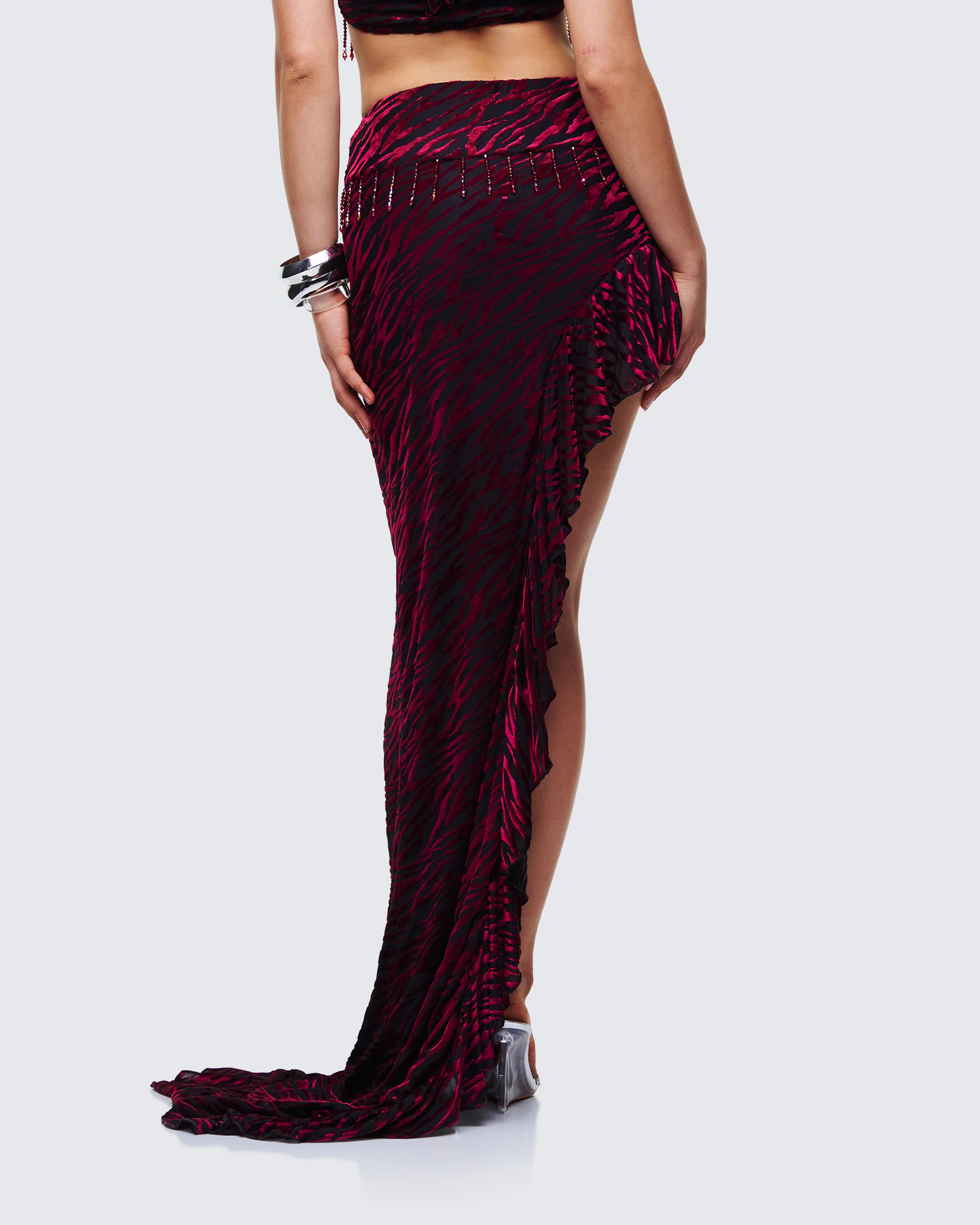 Kira Red Velvet Burn Out Beaded Maxi Skirt - Image 4